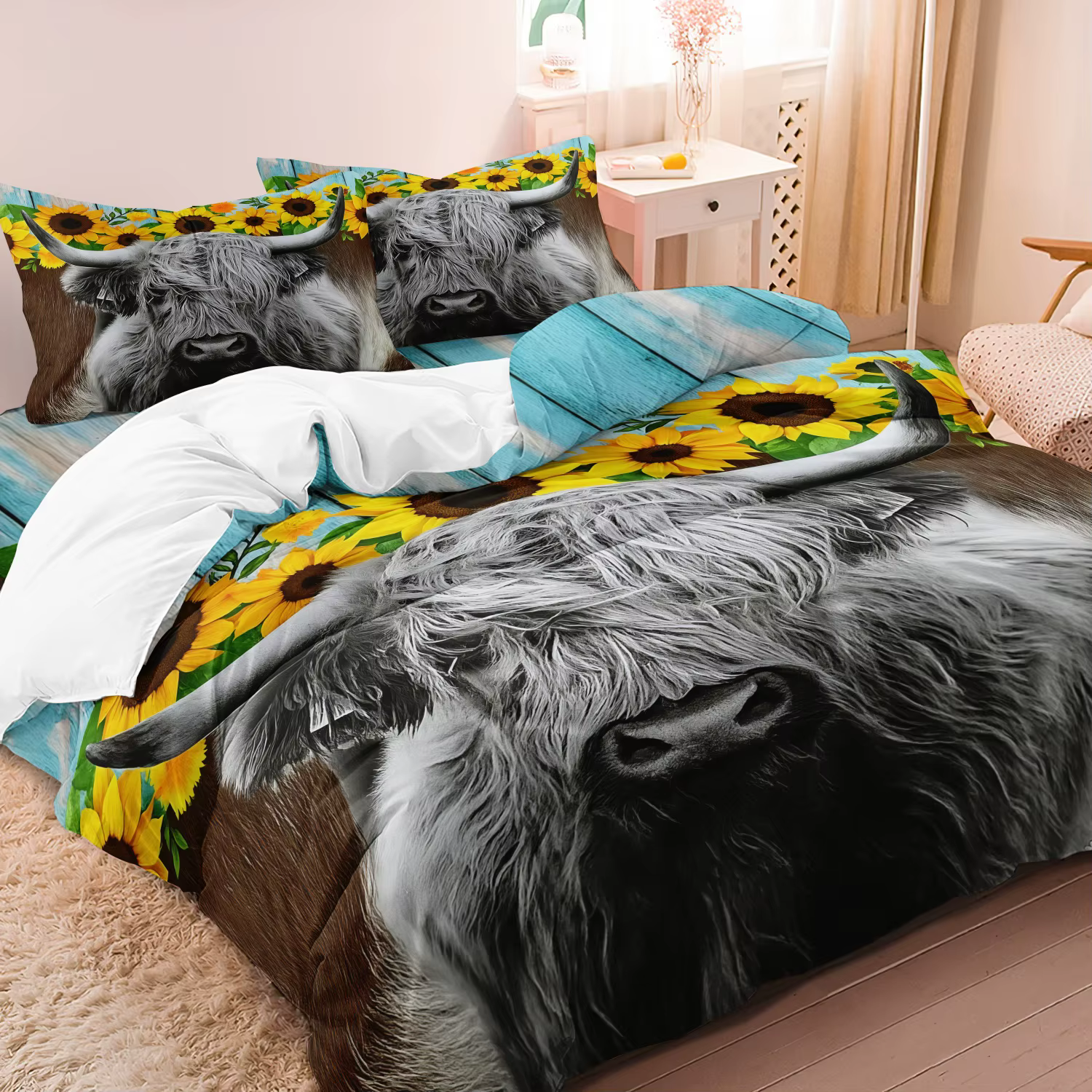 Juego de cama suave de 3 piezas con estampado de vaca Highland, incluye 1 funda nórdica y 2 fundas de almohada, decoración de dormitorio para todas las estaciones — imagen 3