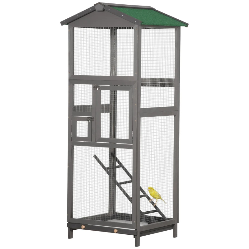 Wooden Bird Cage Outdoor Aviary House For Parrot, Parakeet, With Pull Out Tray And 2 Doors, Grey — imagen 11
