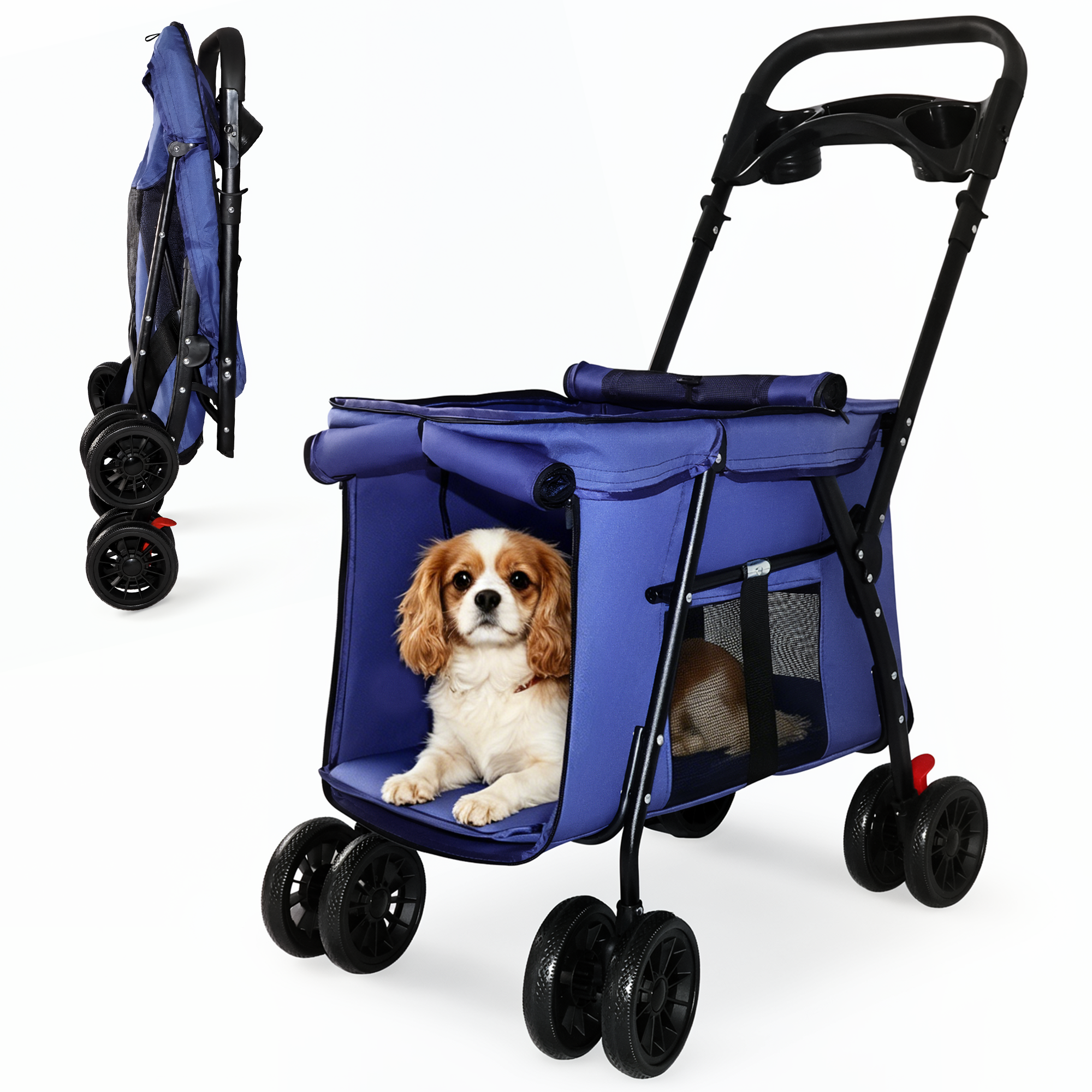 Pet Stroller, Foldable 4-Wheel Design, Breathable Mesh Dog Cat Stroller with Shockproof Wheels, Brake System, Storage Tray, 2 Fixed Safety Leashes, Large Space for Small Medium Pets, Navy Blue — image 12