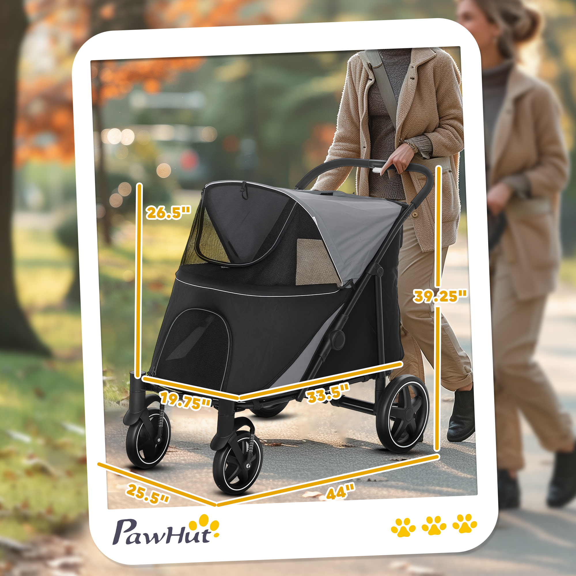 Dog Stroller For Large Medium Small Dogs Up To 66 Lbs. 23.5" In Body Length, One-Click Foldable Pet Cat Stroller With Storage, Shock Absorption Wheels, Mesh Window, Safety Leash, Gray — image 4