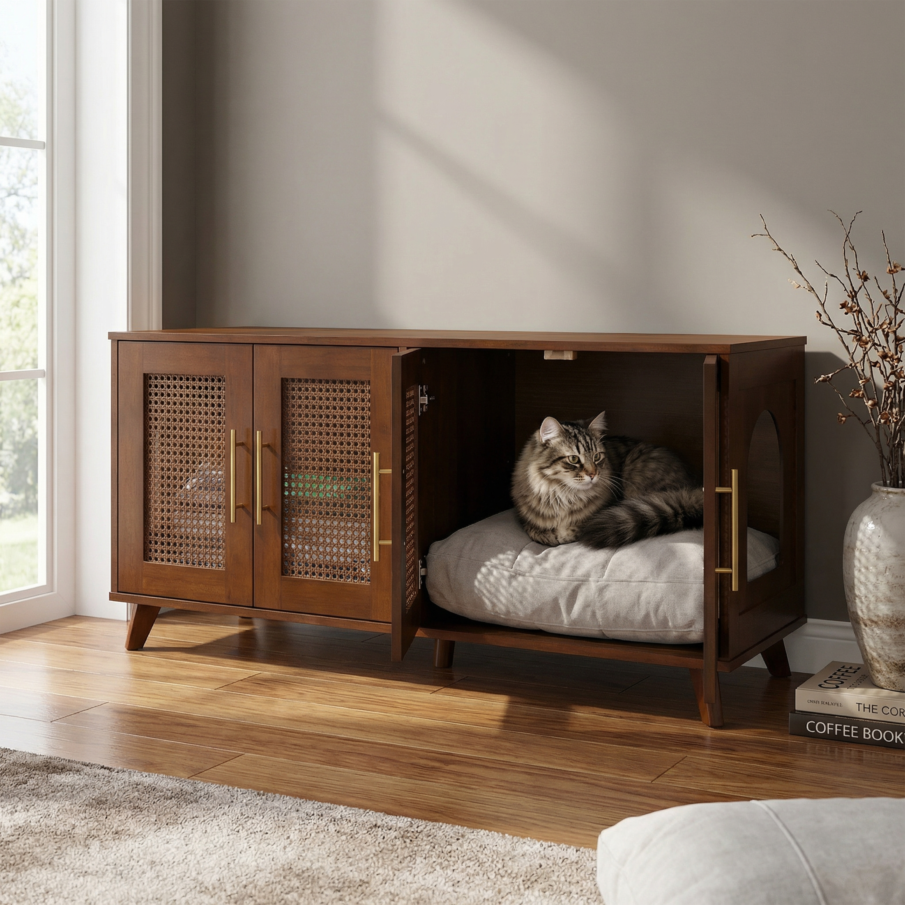 Gabinete de Interior Premium de Madera de Caucho Myra - Elegante Mobiliario Oculto para Gatos en Espacios Modernos — imagen 1