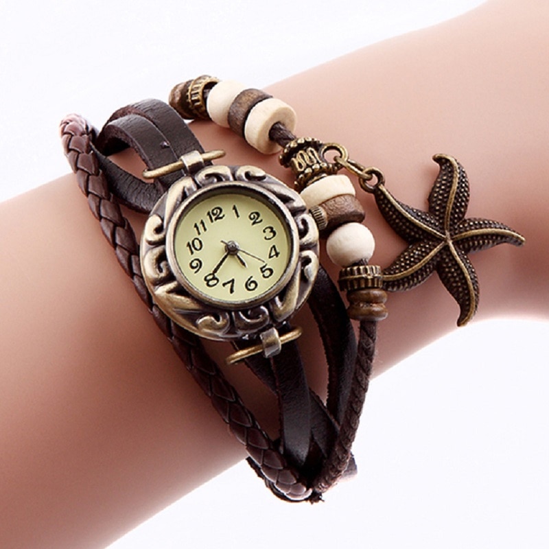 Lady Starfish Bracelet Watch Clock Retro Weave Wrap Watches Genuine Leather Starfish Wristwatch Slim Bnad small Dial LL — image 1