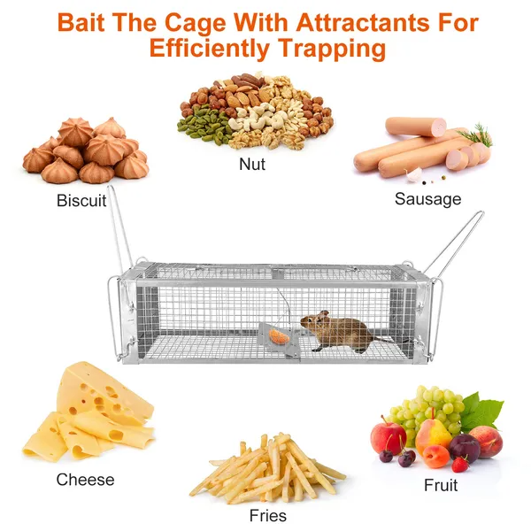 Dual Door Rat Trap Cage Humane Live Rodent Dense Mesh Trap Cage Zinc Electroplating Mice Mouse Control Bait Catch With 2 Detachable U Shaped Rod — imagen 3