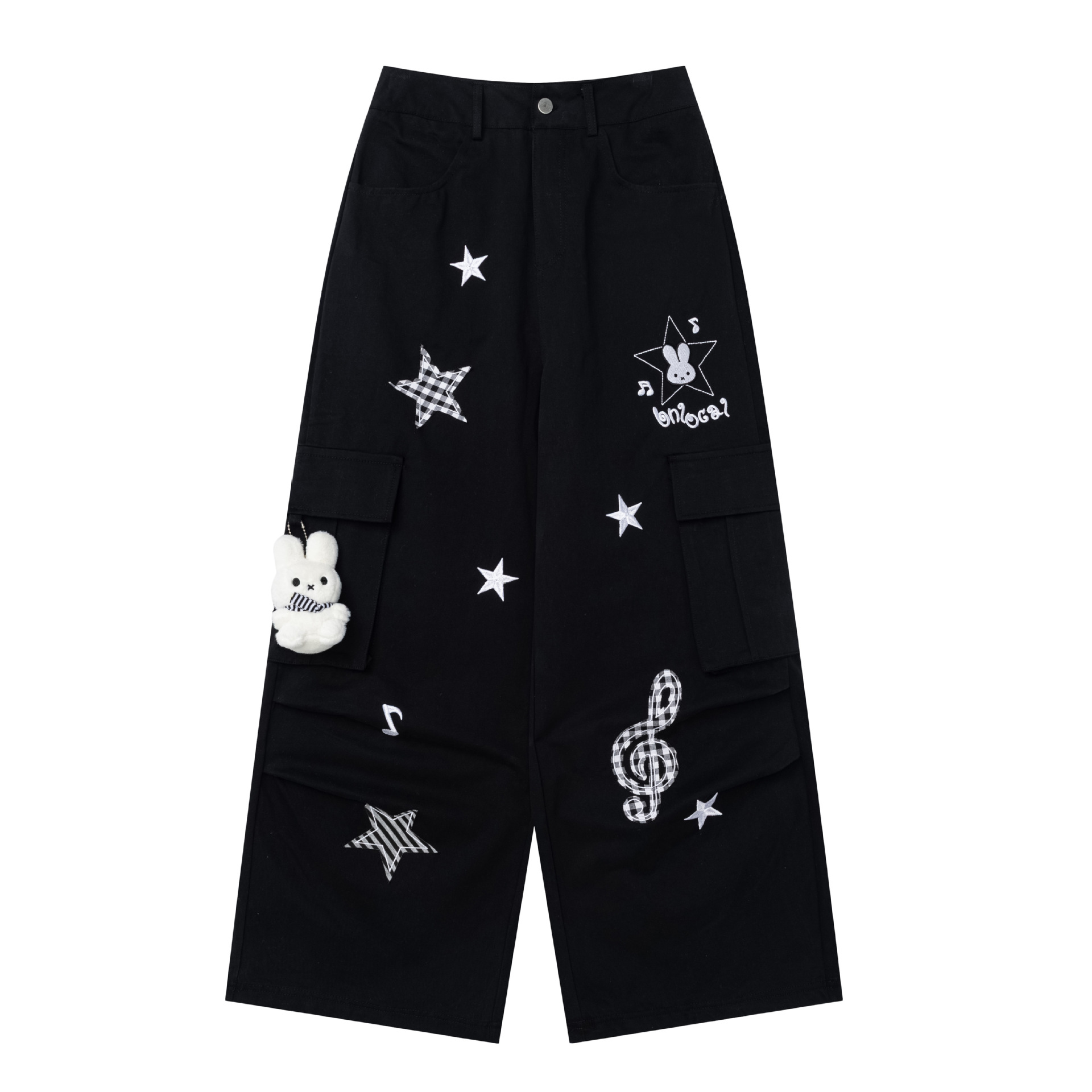Women's Sweet Cool Casual Wide Leg High Waist Star Rabbit Embroidered Cargo Pants — image 3