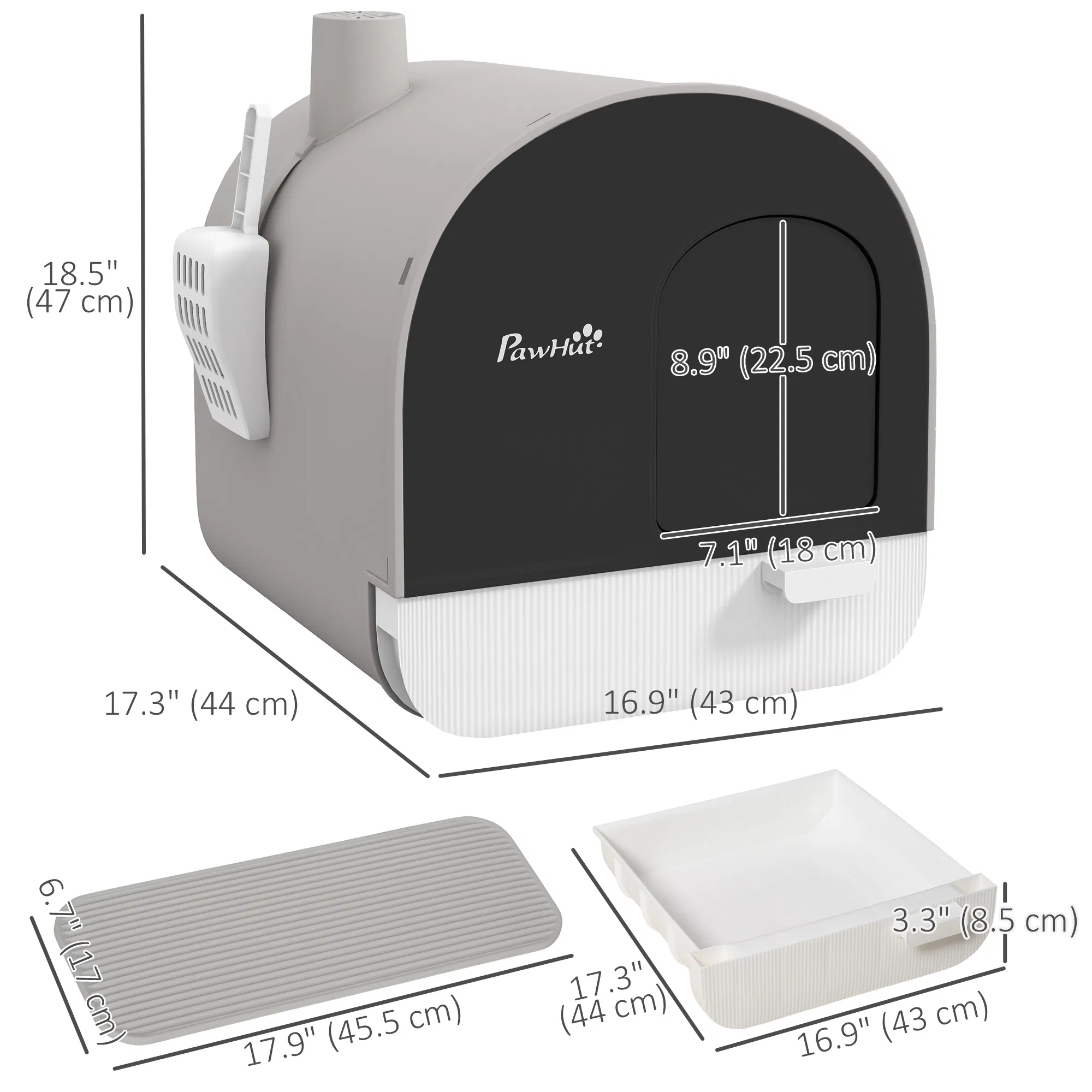 Cat Litter Box with Lid, Removable Tray, Scoop, Filter, Light Grey — image 3