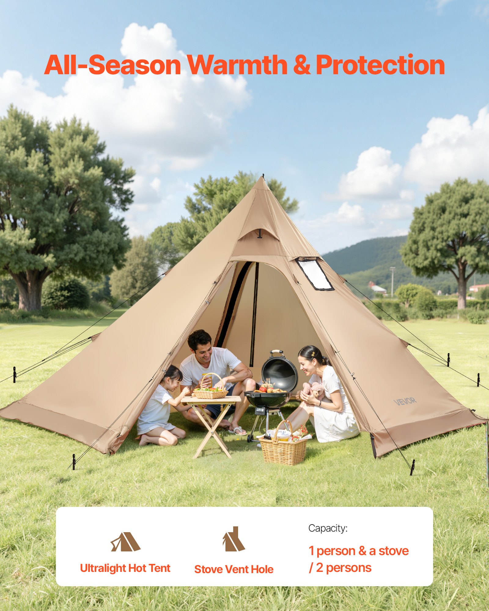 Hot Tent For 4 Persons, Portable Winter Tipi Tent With Stove Jack, Waterproof Canvas Camping Tents, Lightweight 4 Season Shelter Tents For Hiking Fishing Backpacking, M Size — image 2