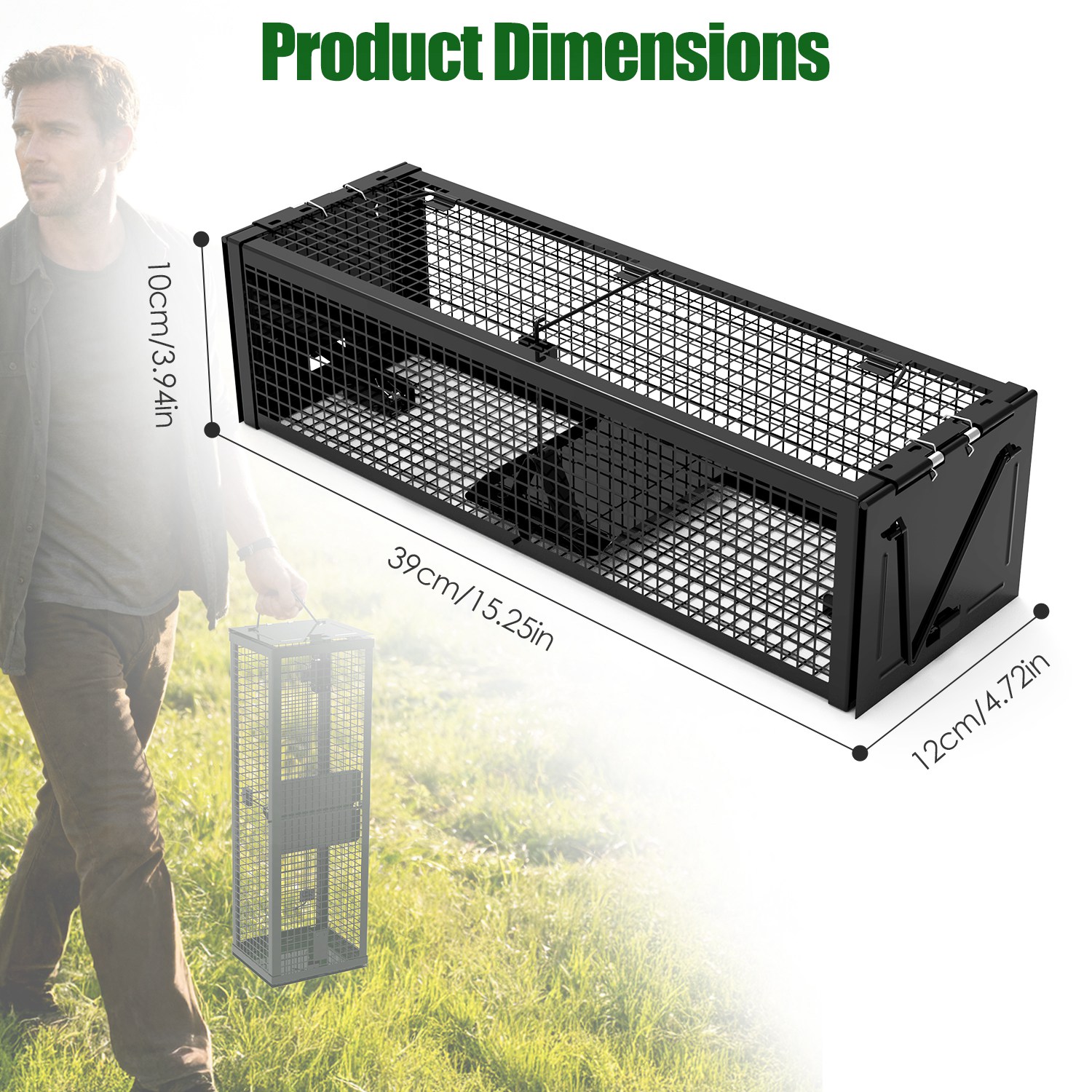 Paquete de 2 Trampas Humanitarias para Ratas Vivas de 2 Puertas 15.35x4.72x3.94in, Jaula Trampa para Roedores de Hierro Galvanizado, Reutilizable, para Hogar, Jardín, Granja, Almacén — imagen 6