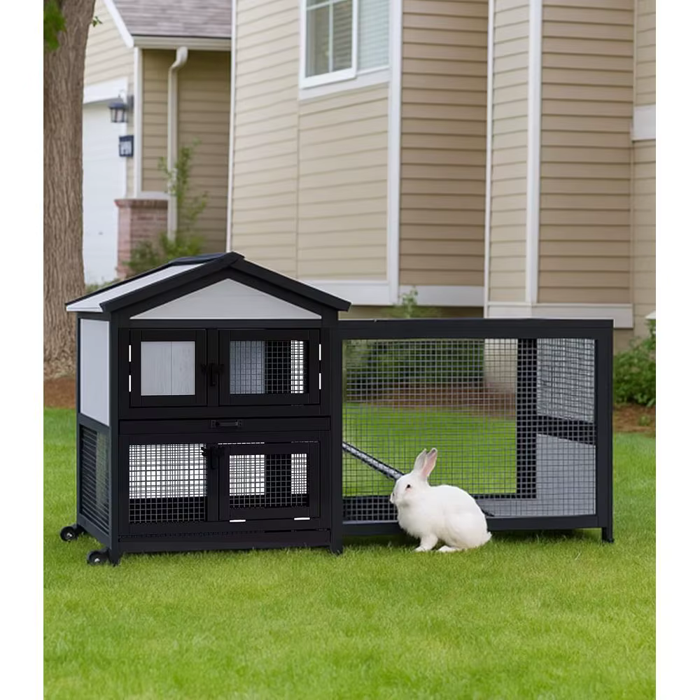 Caja para Conejos 58" Cárcel de Conejos Exterior e Interior Coop de Pollos para Conejos y Guinea Pigs con Ruedas con 3 Rejillas Profundas Sin Derrames Retirables — imagen 5