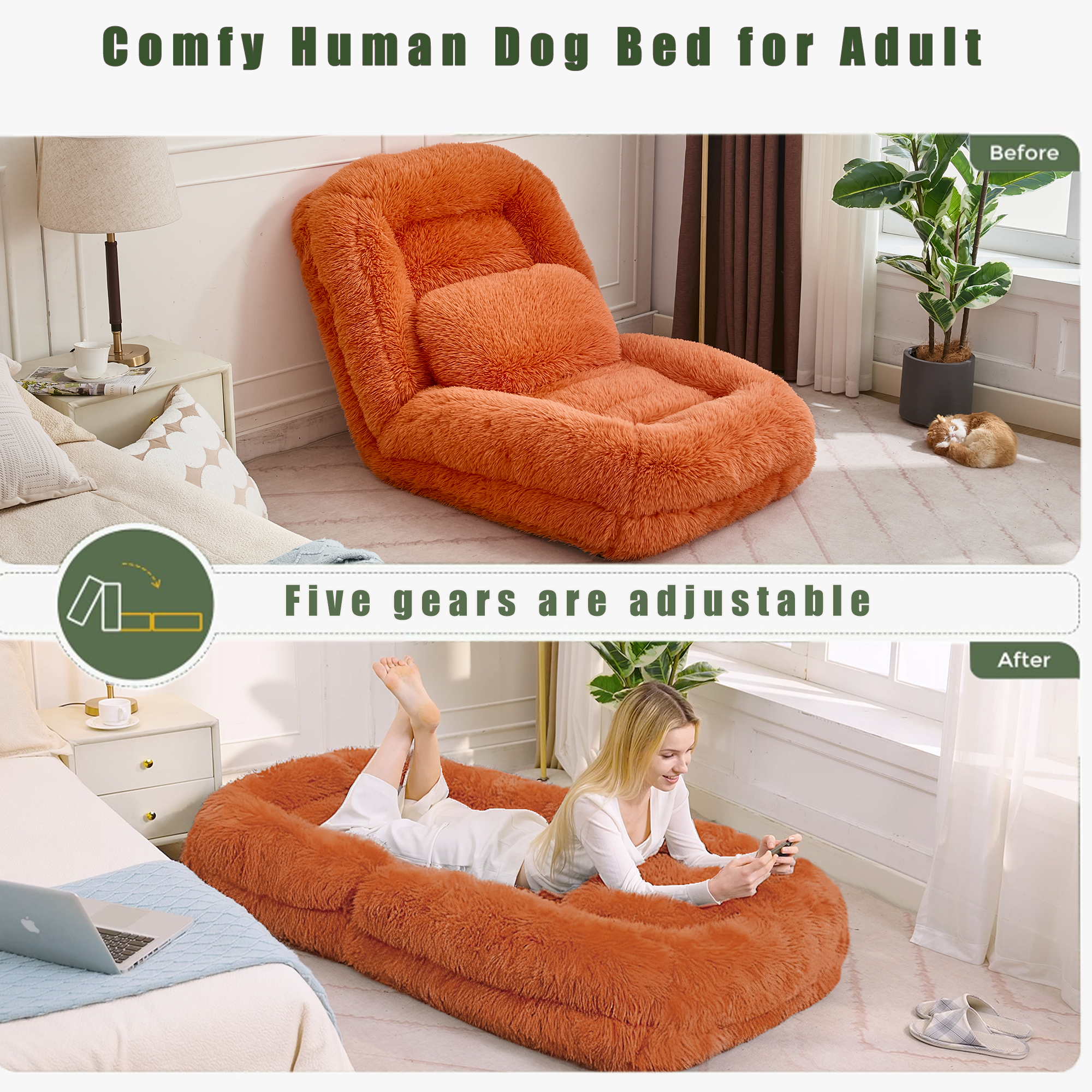 Human Dog Bed, Lazy Sofa, 5-Position Adjustable Convertible, Floor Gaming Chair, bedroom, living room, Suitable for gaming, meditation, relaxation, Plush Fabric, Orange — image 11