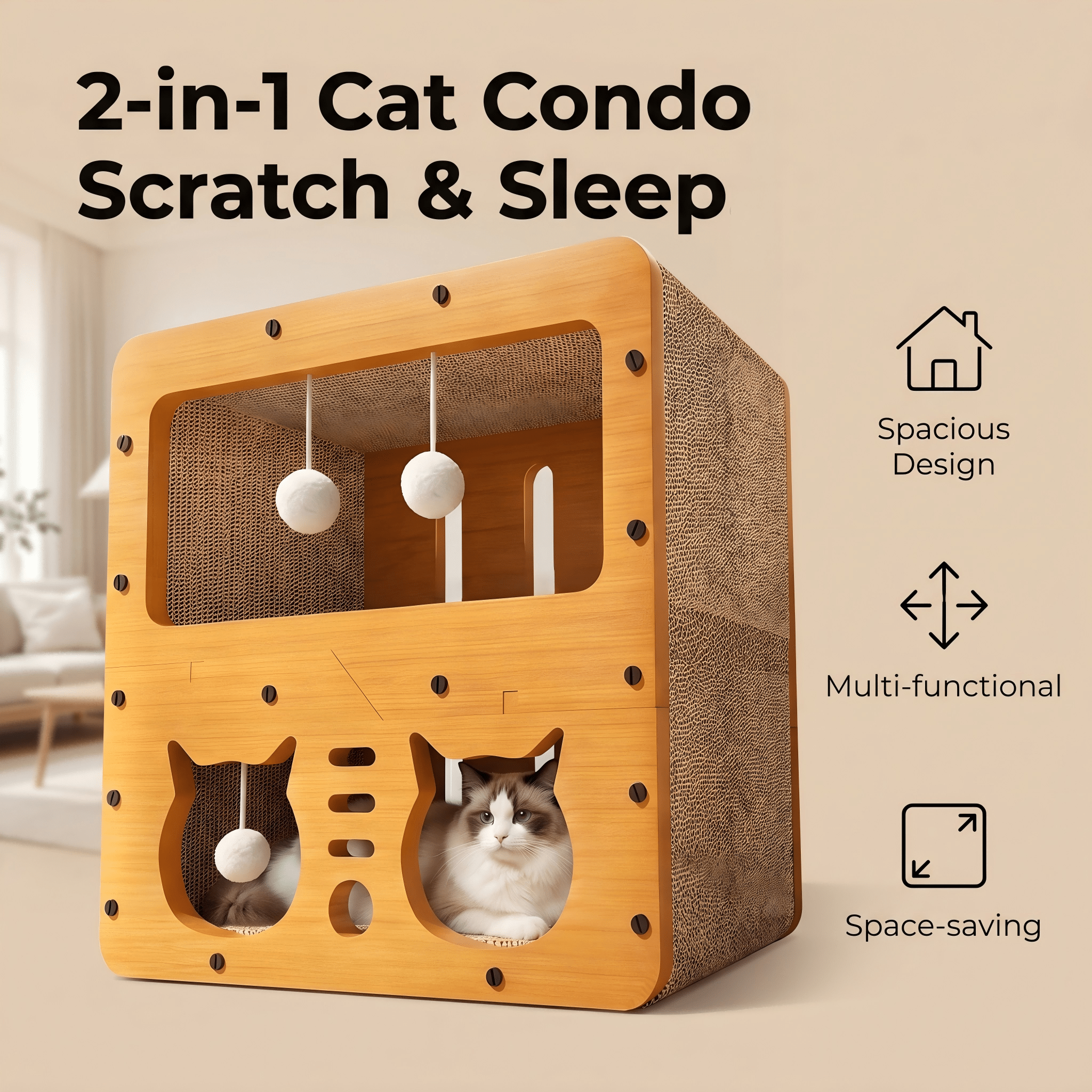 Casa Rascador para Gatos de Doble Capa en 2 Estilos, Nido Multifuncional de Cartón Corrugado, Villa Espaciosa, Cama Cueva para Gatos con Juguete de Bola Colgante, Resistente al Desgaste, Casa para Gatos de Interior para Afilar Uñas — imagen 1