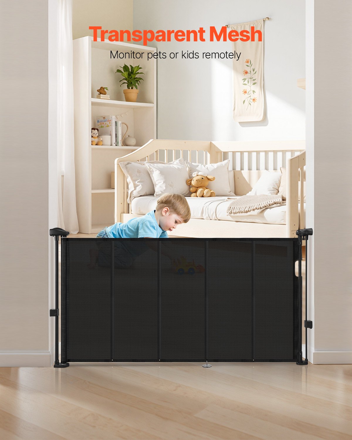 Puerta de Criba Retráctil, 34 Pulgadas de Alto, Se Extiende Hasta 55 Pulgadas de Ancho, Puerta Retráctil para Niños o Mascotas, Material de Malla, Fácil de Instalar para Escaleras, Ventanas, Pasillos y Habitaciones de Juego, Negro — imagen 3
