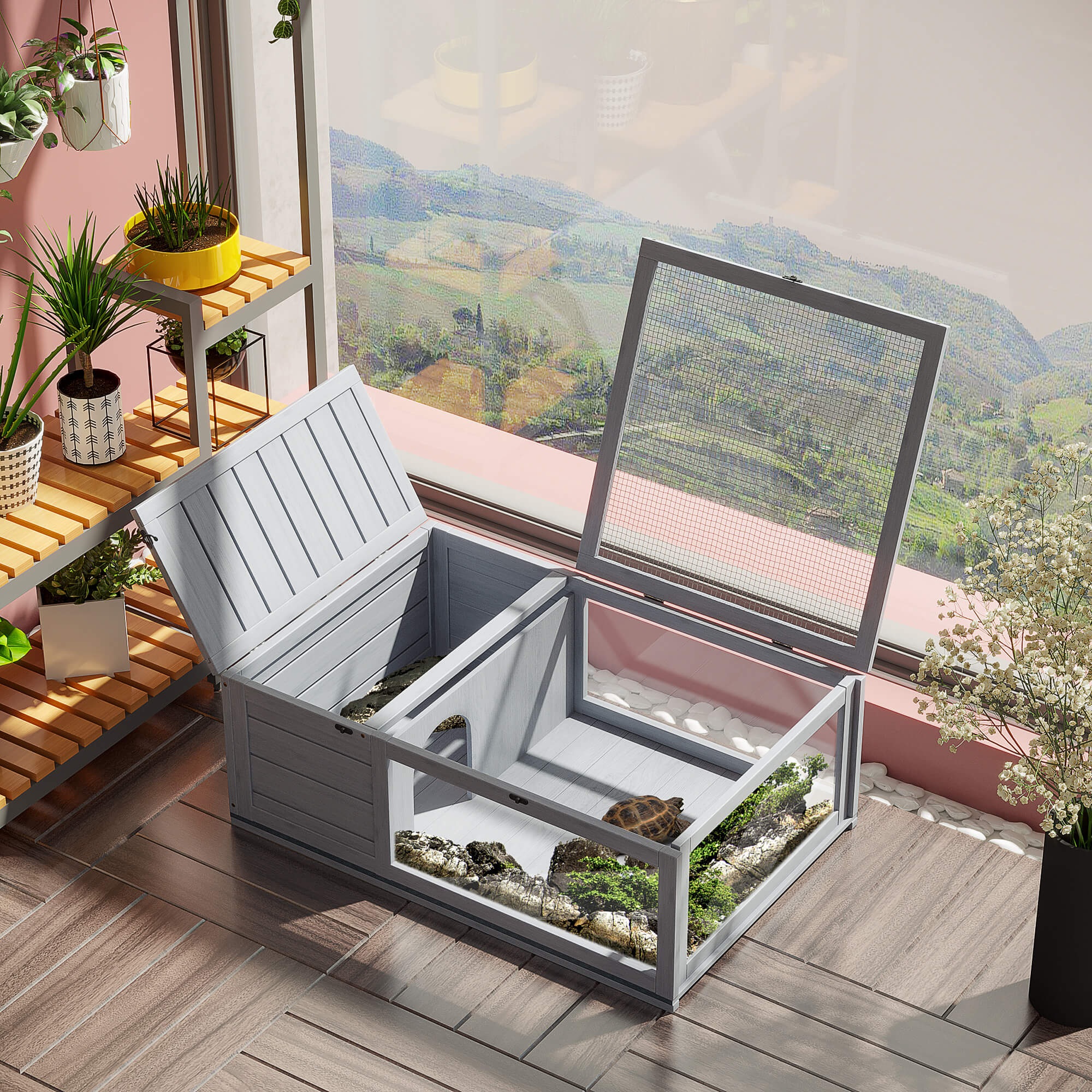 Wooden Reptile Cage with 3 Windows Slide-out Tray for Turtles, Lizards, Snakes — image 1