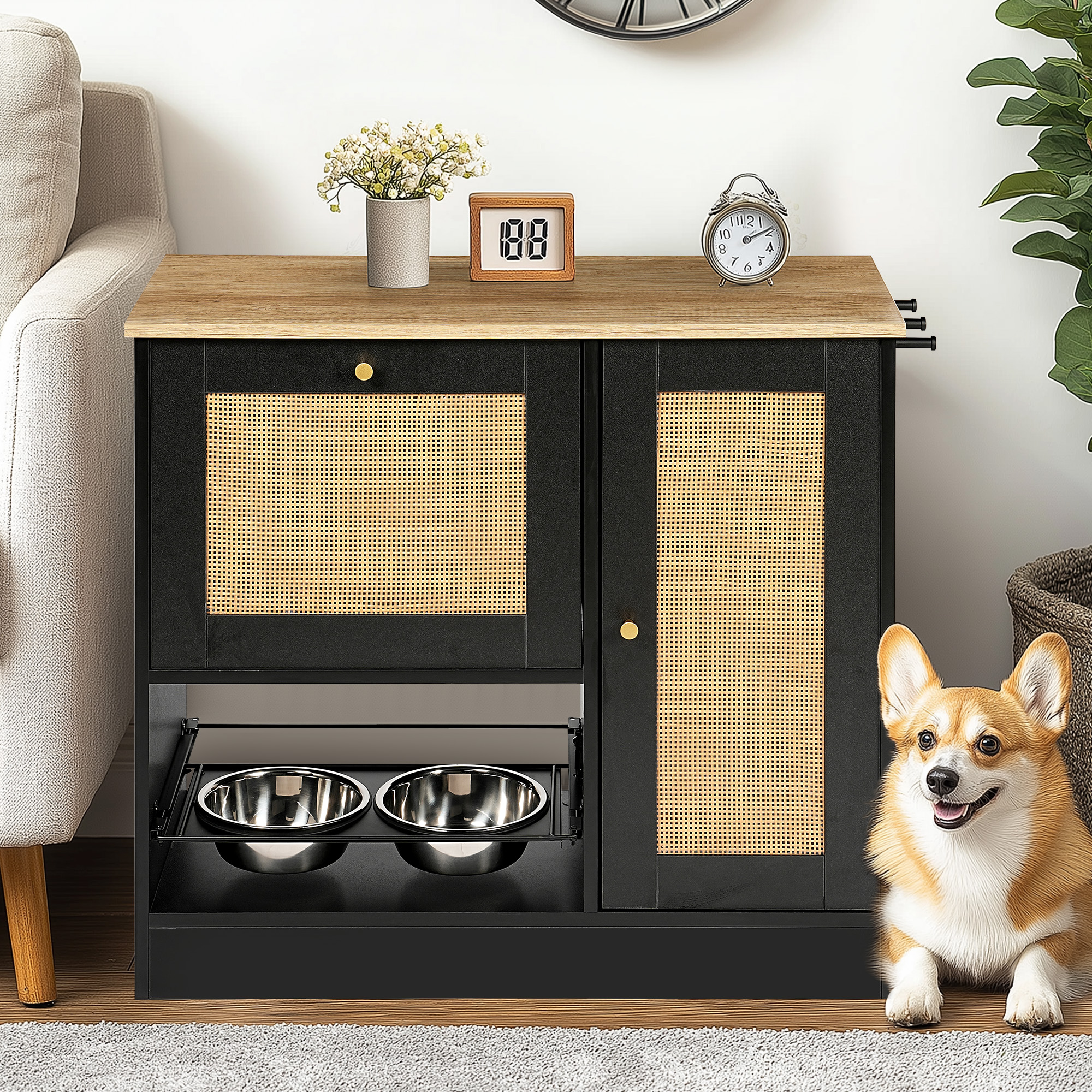 Feeding station with 2 lockers, pet feeding station with 2 elevated dog bowls, side hooks, anti-tipping kit, hidden pet feeding station for feeding and watering, rattan door, black — image 4