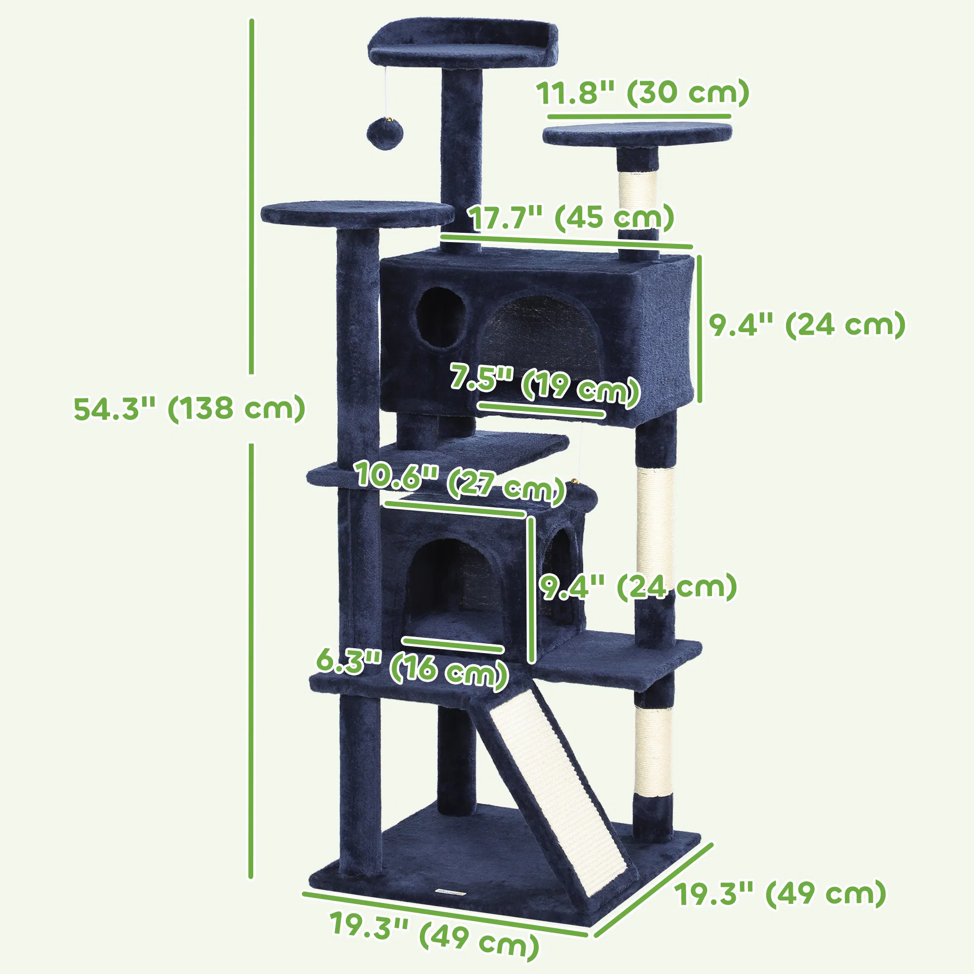 54" Cat Tree, Multi-Level Cat Tower with Scratching Posts, Cat Condos, Bed, Platforms, Ramp, Toy Ball, Dark Blue — image 4