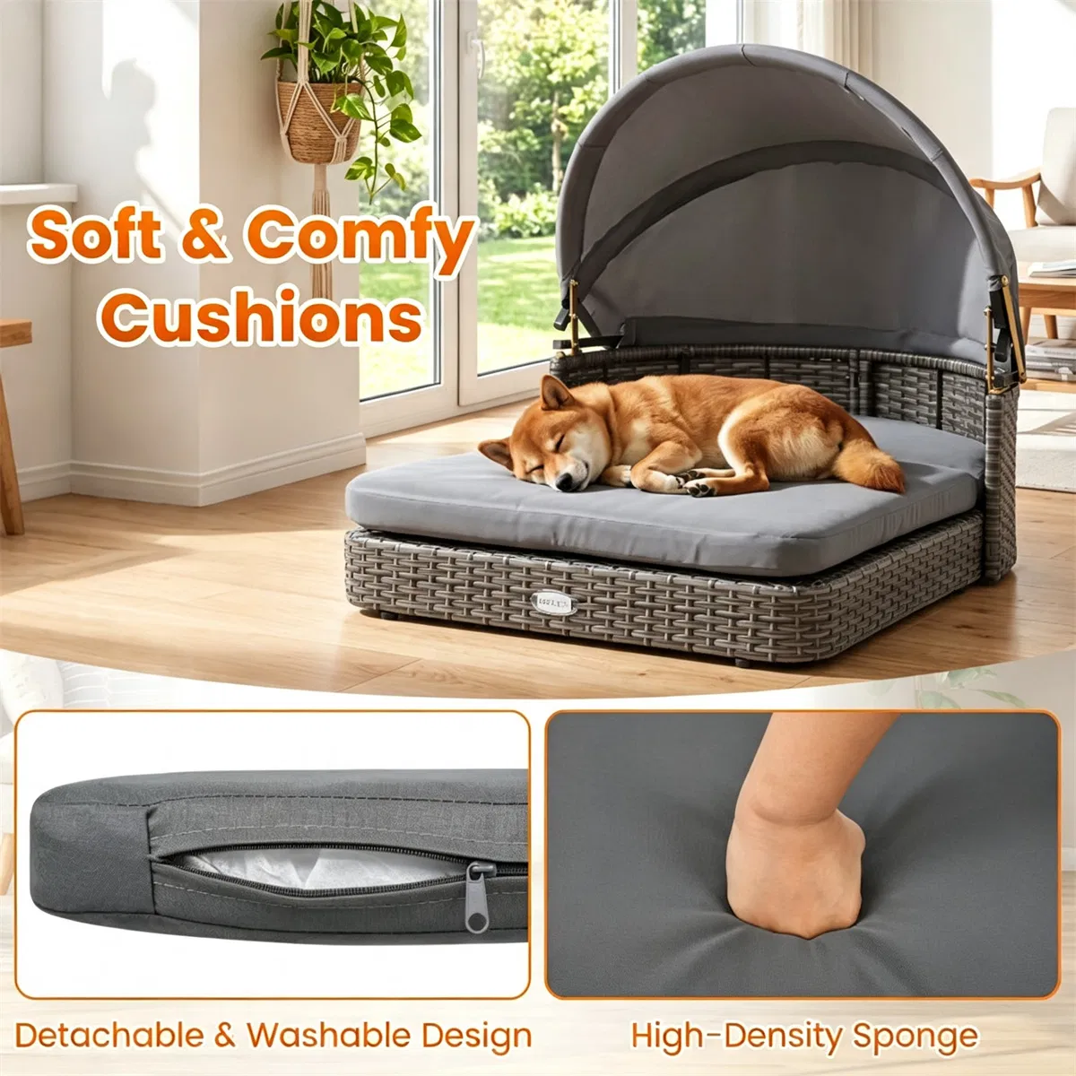 Gray Hand-Woven PE Rattan Dog Bed with Adjustable Canopy, Elevated Outdoor Pet Daybed with Washable Plush Cushion, Anti-Slip Breathable Pet Shelter for Indoor Patio Garden — image 3