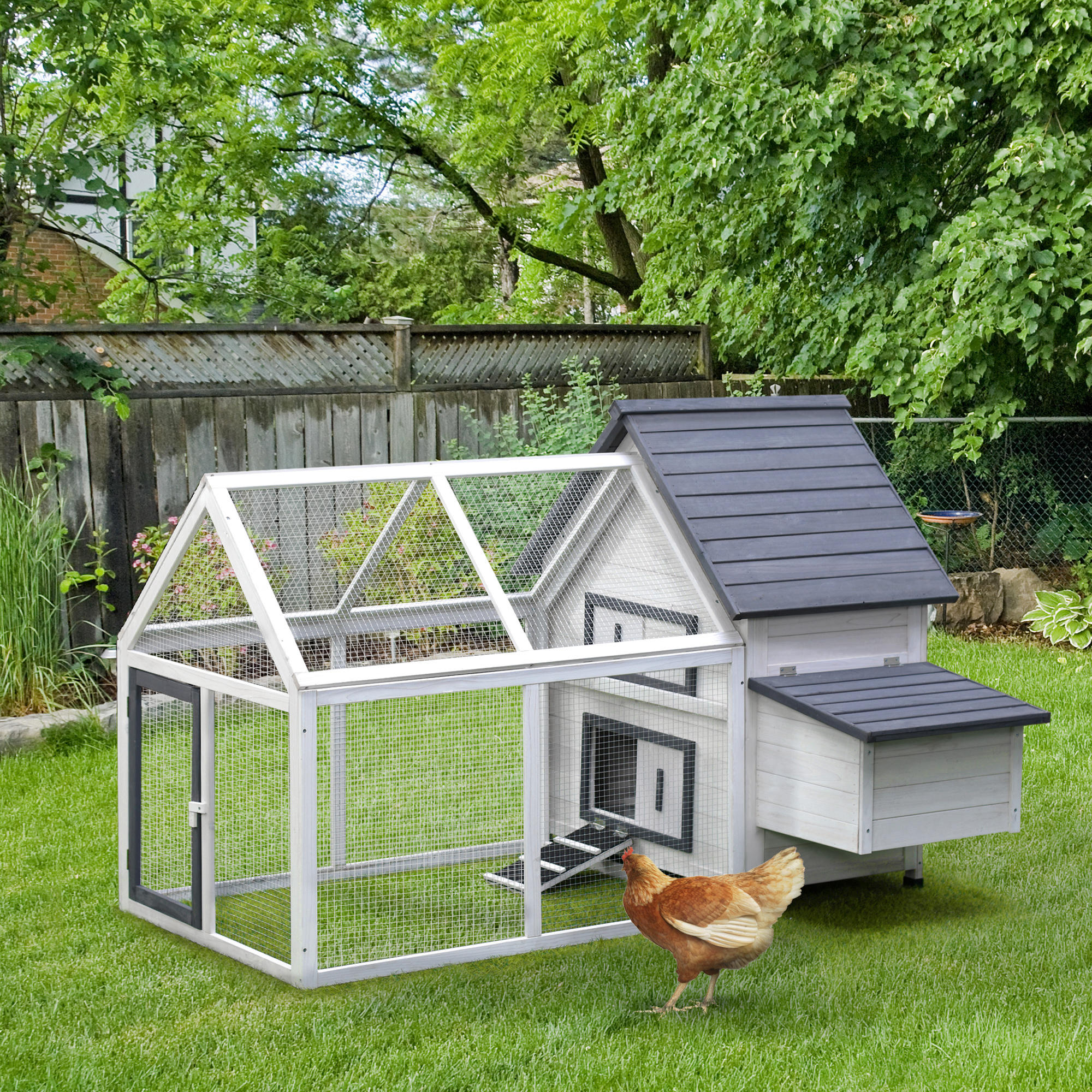 65" Chicken Coop Wooden Chicken House Rabbit Hutch Poultry Cage Hen Pen Backyard with Nesting Box, Ramp, Run — imagen 1