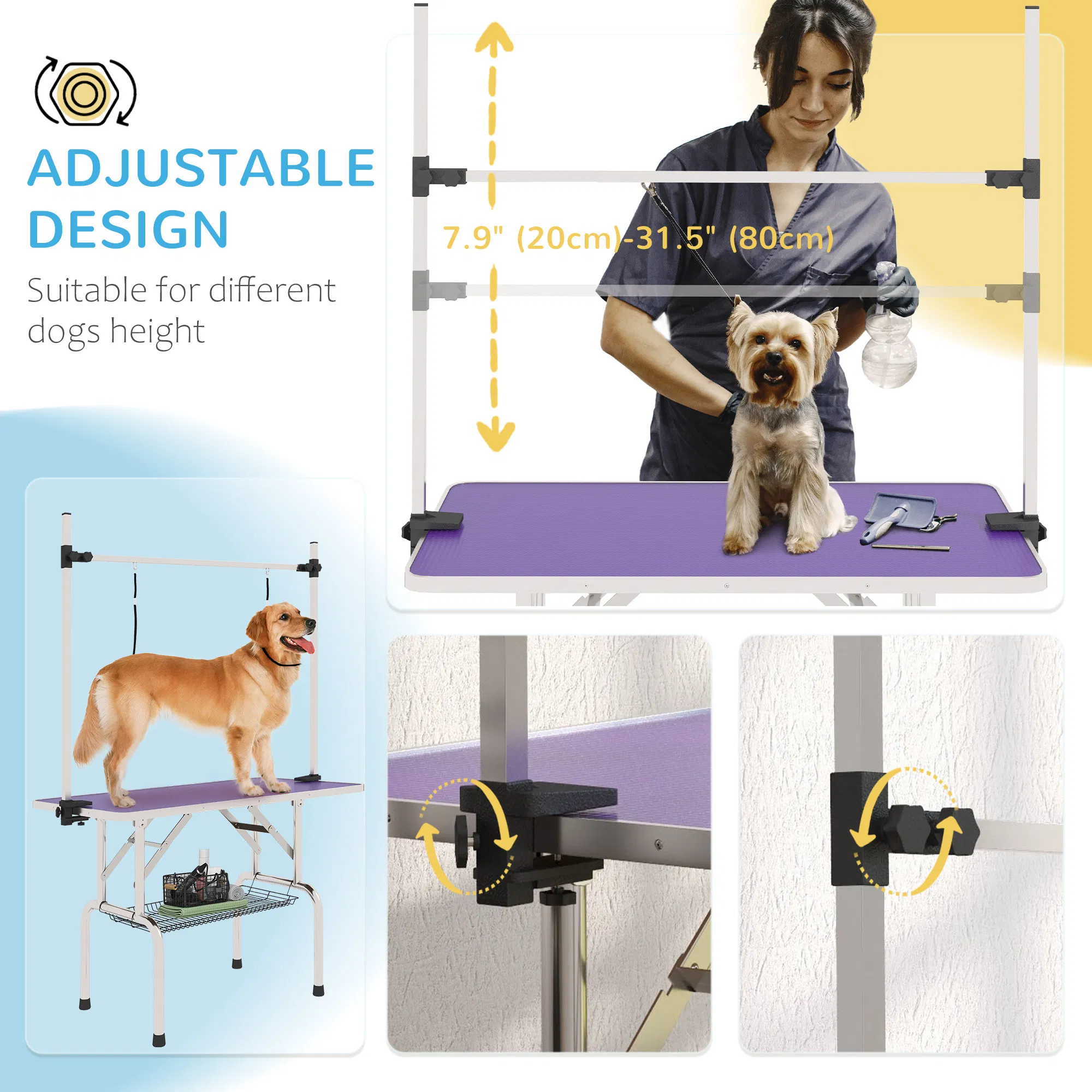 Adjustable Dog Grooming Table with 2 Safety Slings, Storage Basket, Purple — image 2