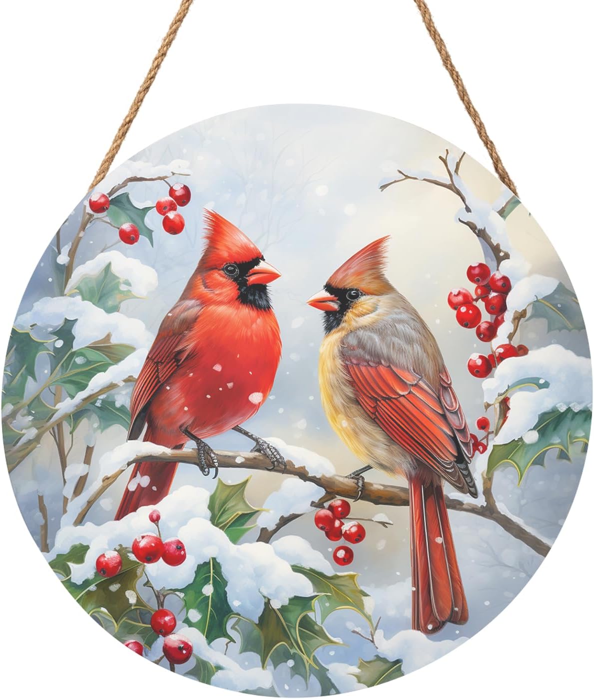 Winter Welcome Sign For Front Door, Cardinal Bird Wooden Door Hanger, Round Christmas Holiday Decor For Porch, Wall, Yard & Home — image 1
