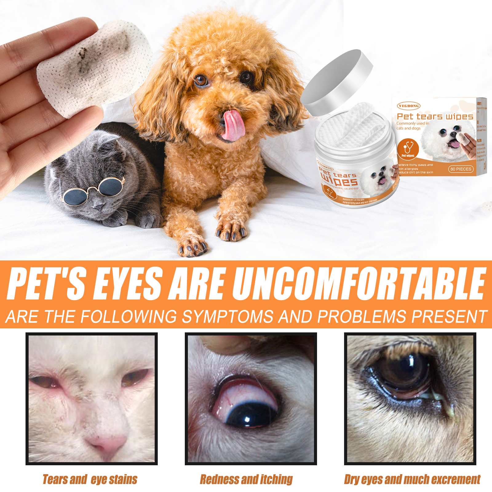 Limpieza de lágrimas para mascotas Yegbong - Paños suaves para ojos de perros y gatos — imagen 3