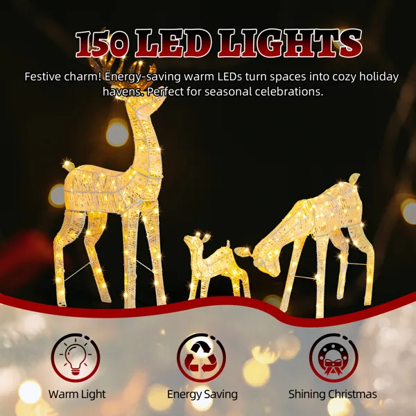 3-Piece Lighted Christmas Reindeer Family Set Outdoor Decorations, Weather Proof Deer Family Set Of 3 Christmas Ornament Home Decor Pre-lit 280 LED Warm White Lights, White — imagen 3
