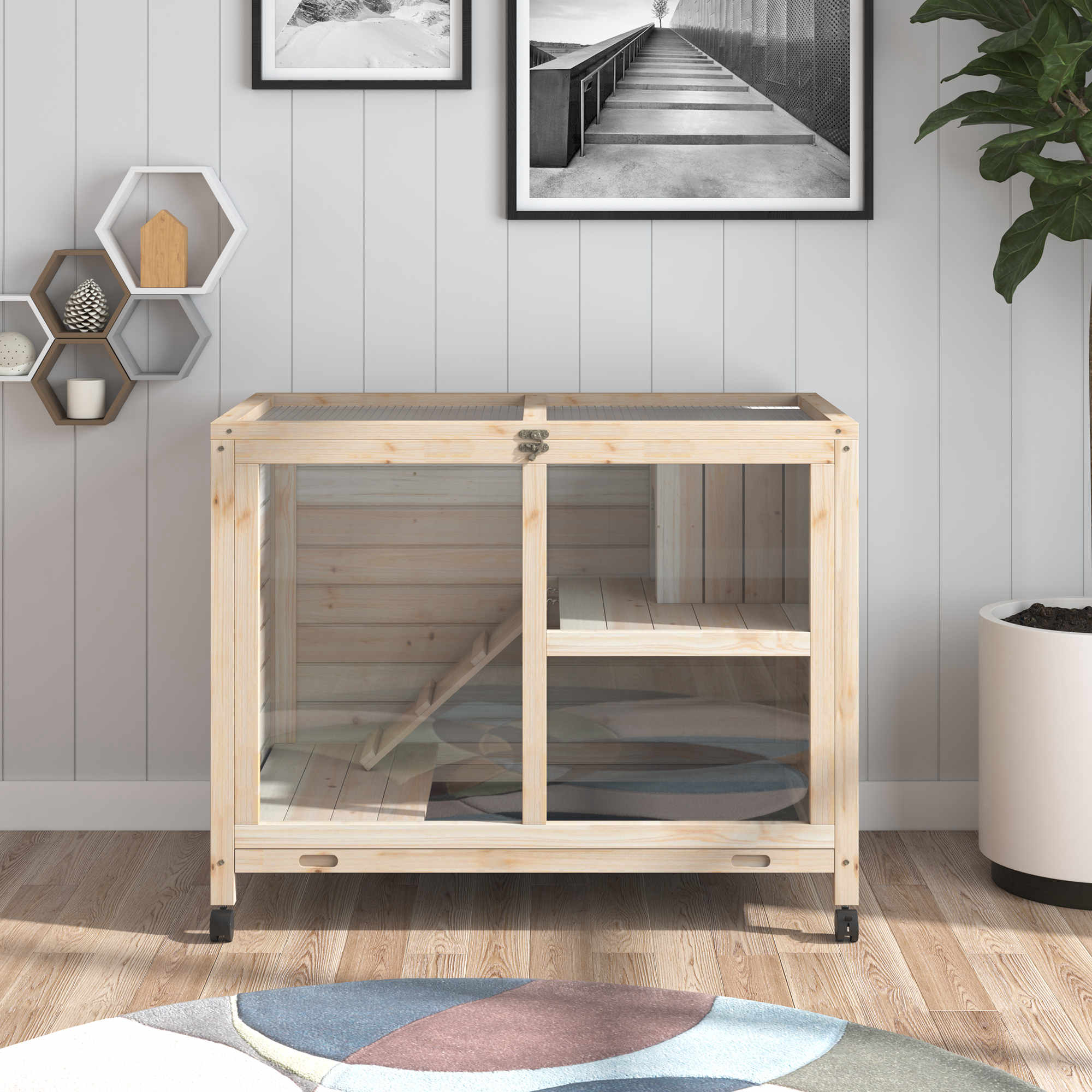 Caja para Conejos con Ruedas, Escritorio y Mesa Lateral, Cárcel de Madera para Conejos, Acabado Impermeable con Plato Removible, Techo Abordable, para Conejos, Pollos, Patos, Interior/Exterior, Natural — imagen 6