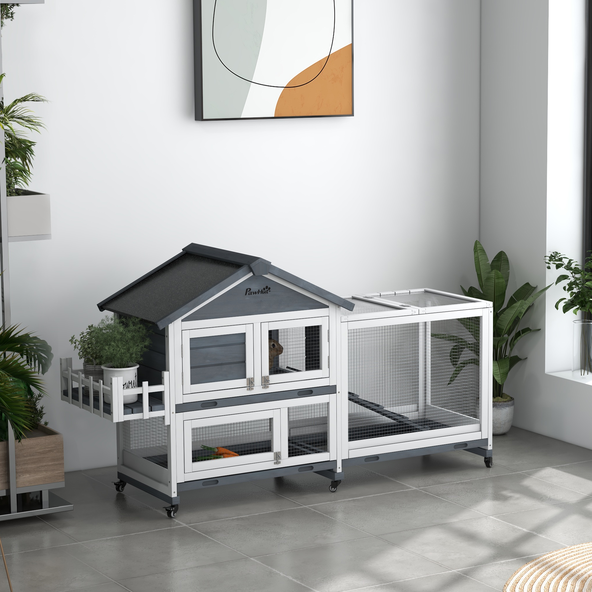 Conejera de Madera de 65", Corral para Mascotas con Techo Abatible y Caja de Almacenamiento para Conejos y Animales Pequeños, Gris — imagen 1
