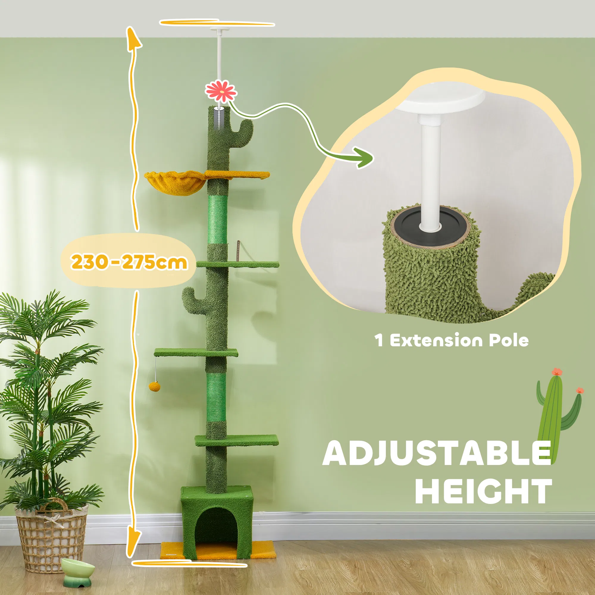 Floor to Ceiling Cat TreeTower with 90.5"-108" Adjustable Height, Scratching Posts, Hammock, Comdo, Toy Ball, Green — image 3