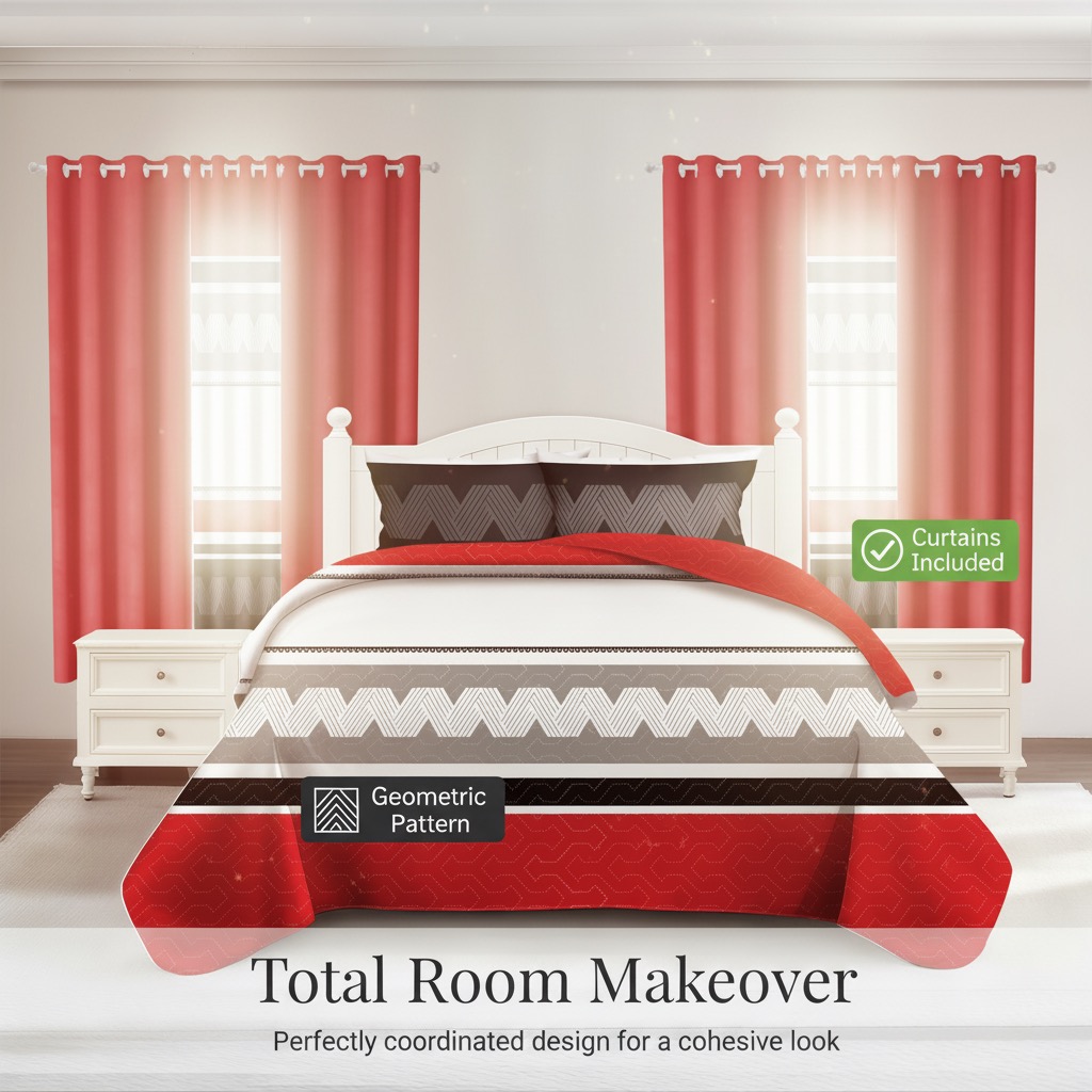 9 Piece Room In A Bag Quilt And Curtain Set, US Designer Red And Black Geometric Chevron Heavyweight Bedspread With 6 Customizable Window Panels, Pet-Friendly High GSM Coverlet — image 8