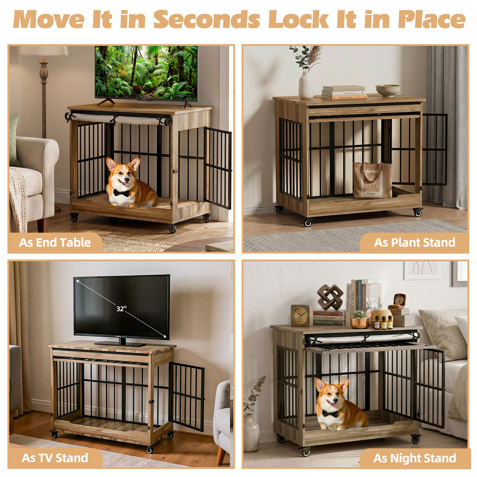 Dog Crate Furniture, Double Door Wooden Indoor Dog Kennel Furniture, Decorative Pet Cage End Table With Wheels For Medium And Small Breed Dogs, Size M, Greige — image 15