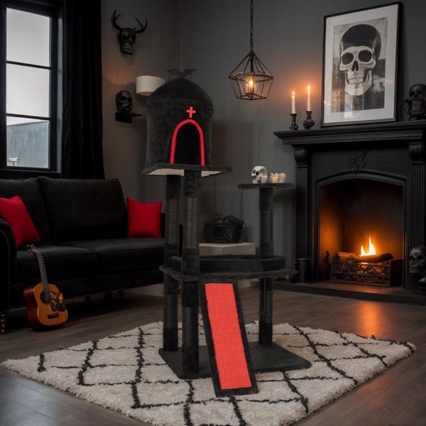 Árbol Gótico para Gatos con Caja de Tumba, Torre para Gatos Grande con Condo Espacioso, Postes de Rasguñado, Juguetes Colgantes de Araña, Tablero de Rasguñado, Mobiliario de Actividades para Gatos de Gran Tamaño en Rojo y Negro — imagen 13