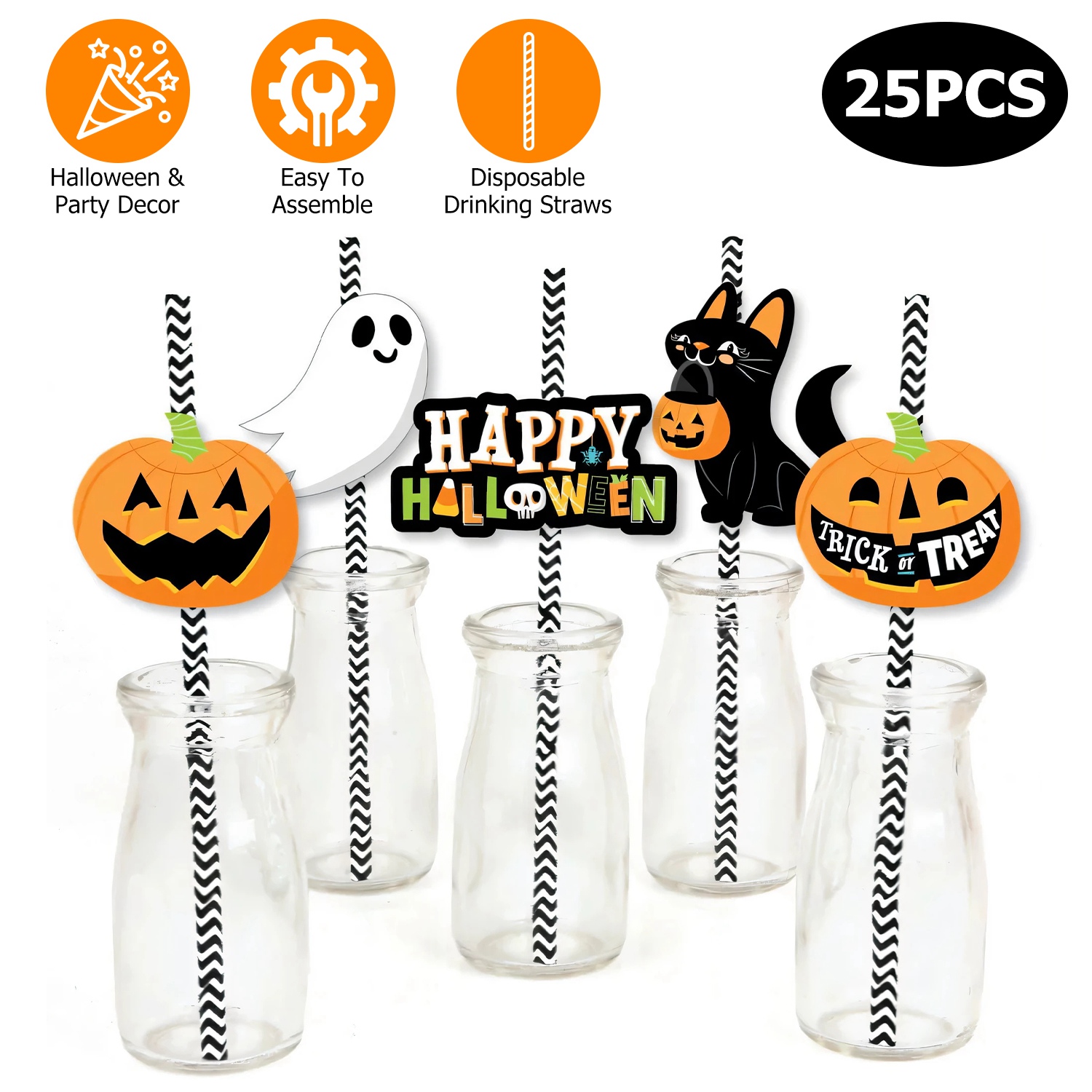 Set Of 25Pcs Halloween Party Striped Decorative Straws Disposable Drinking Straws Paper Straw Decor Happy Halloween Ghost Lantern Black Cat Halloween Party Supplies — image 1