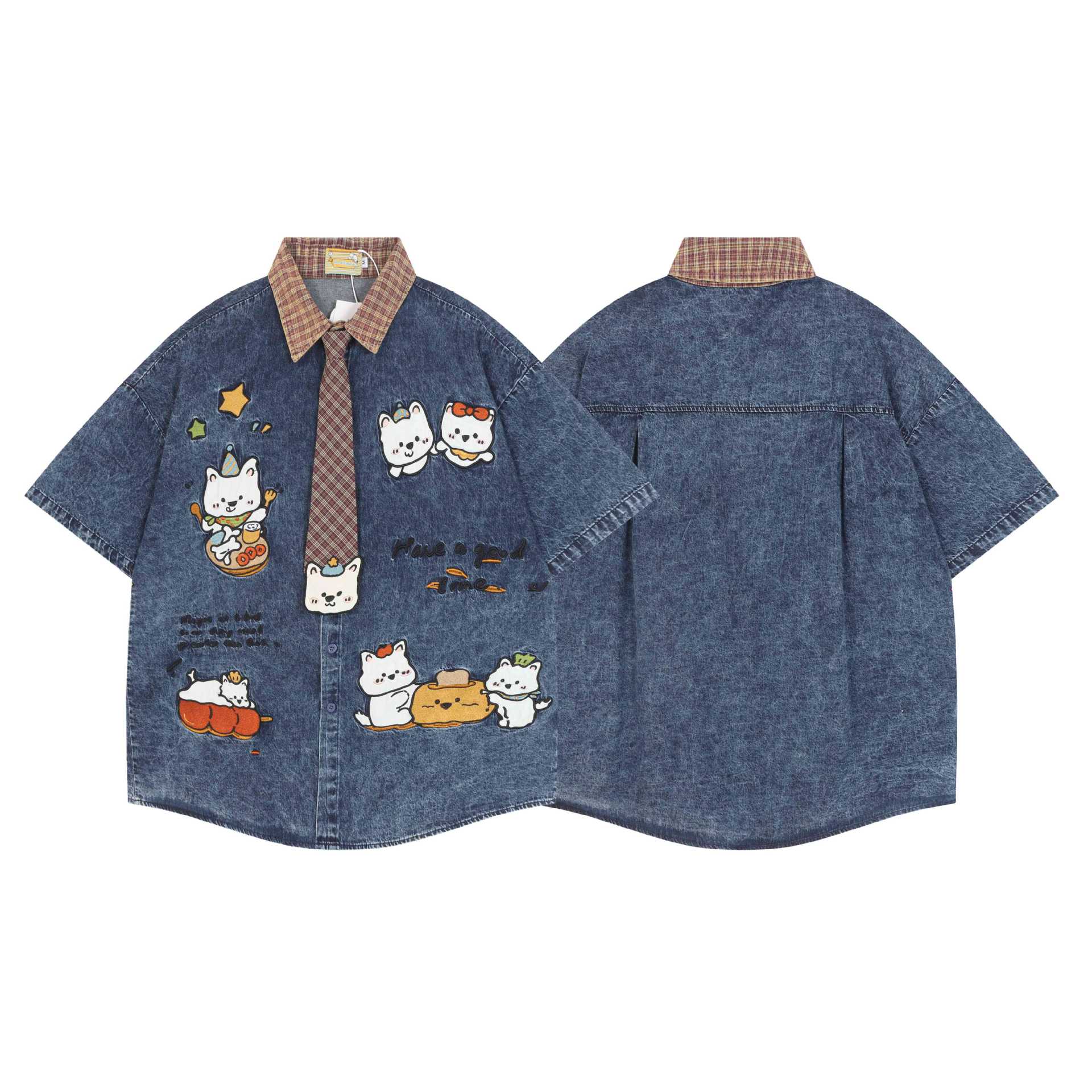 Embroidered kitten denim short sleeved shirt — image 4