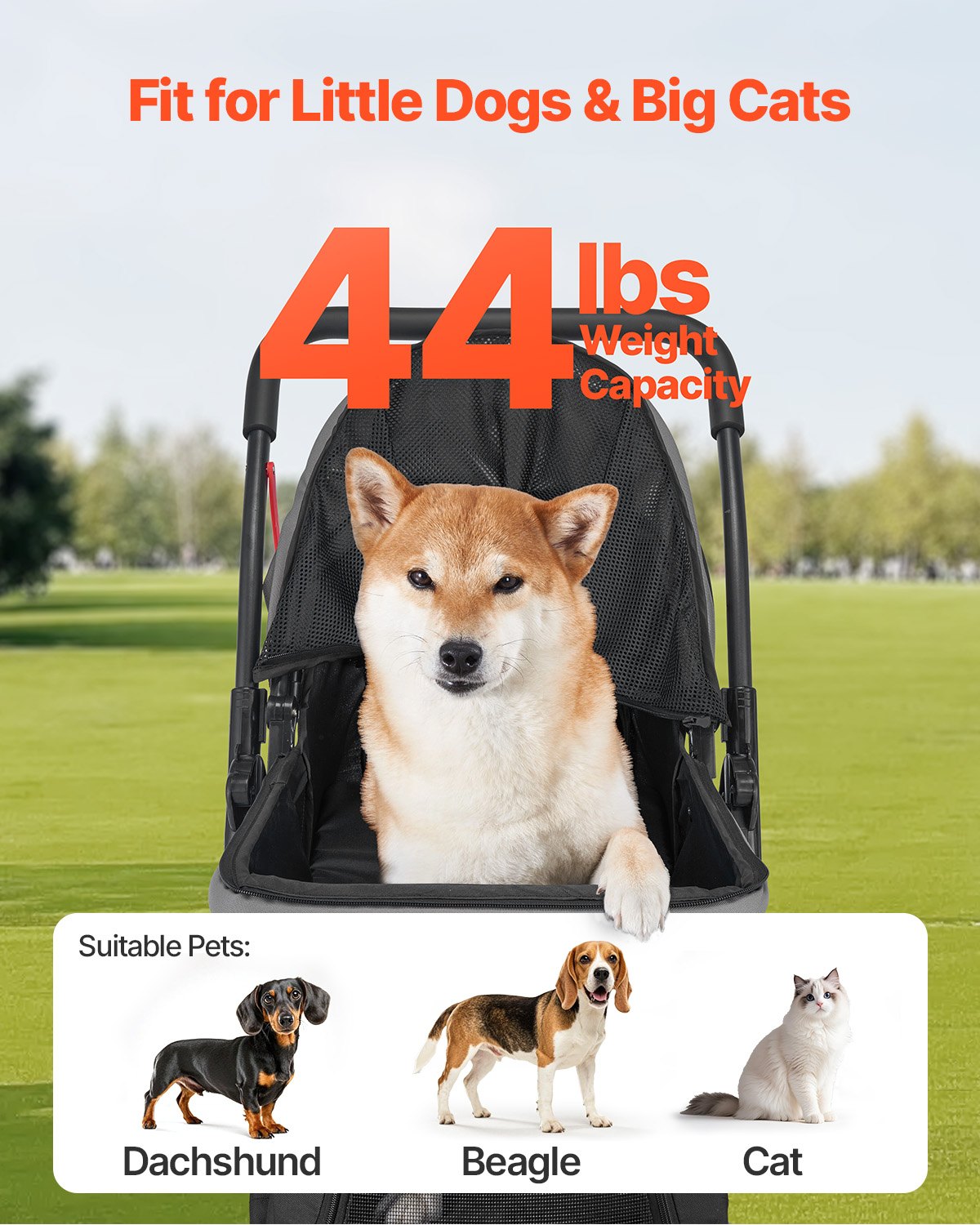 Pet Stroller Foldable 4 Wheels Travel Dog Stroller Reversible Handle Up To 44lbs — image 2