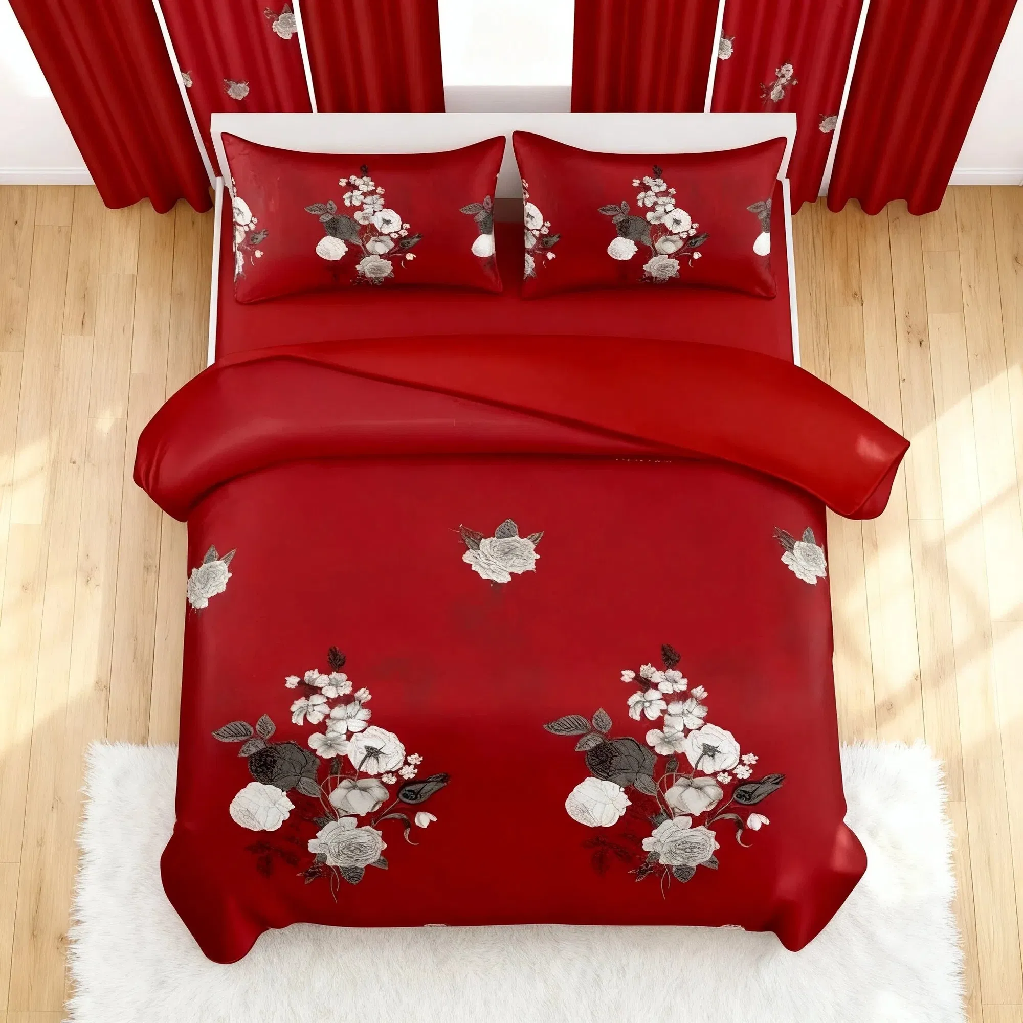9-Piece Burgundy Red Floral Bedding & Curtain Combo Set, Vibrant Crimson Quilted Bedspread with 6 Light Filtering Window Panels & 2 Shams, Easy Care Microfiber Coverlet, Pet Friendly — image 18