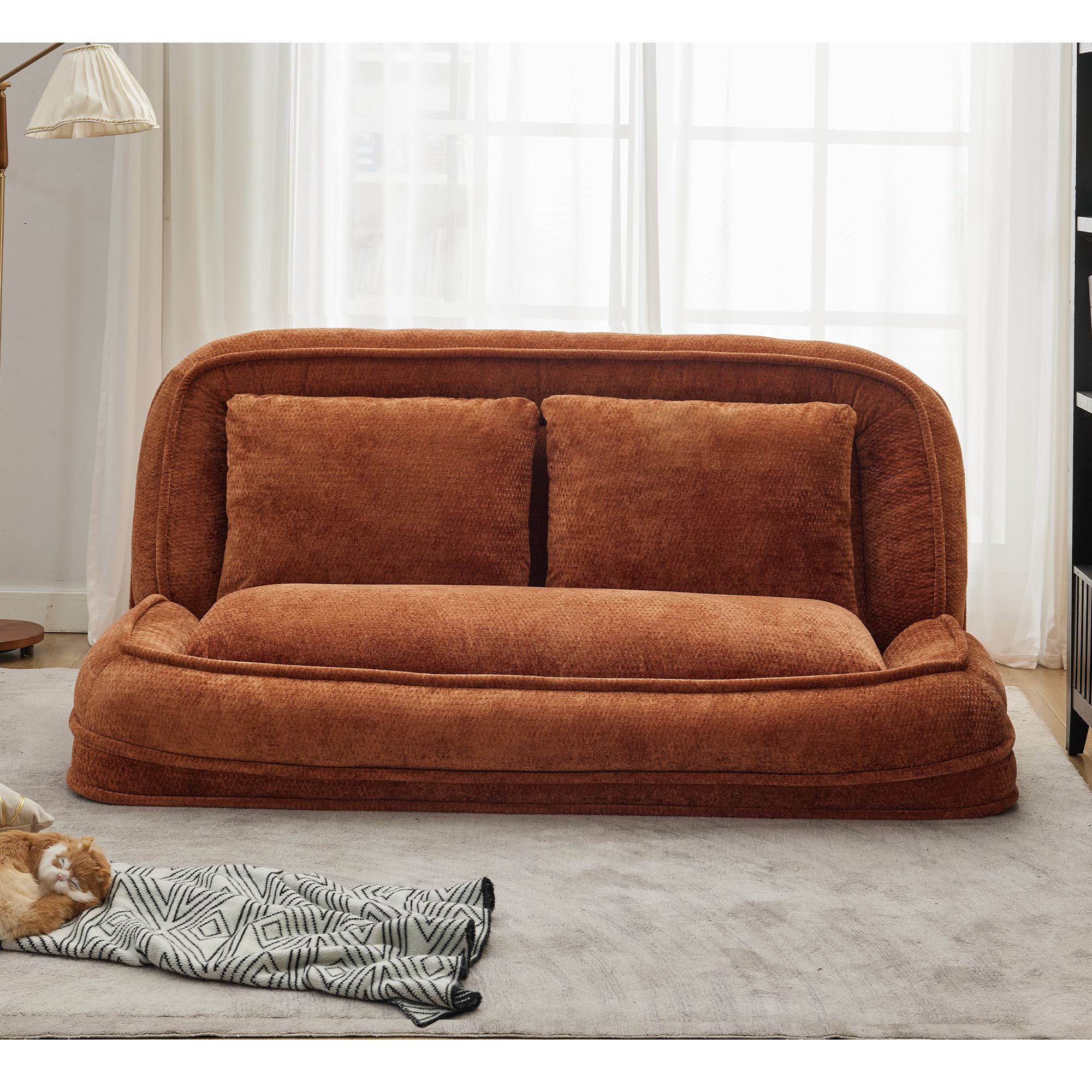 Silla de descanso doble para perros, Sofá relajante, Silla de amor, Adecuada para ti y tus mascotas, Couch de piso extra grande, Puedes sentarte o acostarte, 2 en 1, 5 posiciones ajustables, Almohada rellena, 2 asientos, Chenille naranja — imagen 4