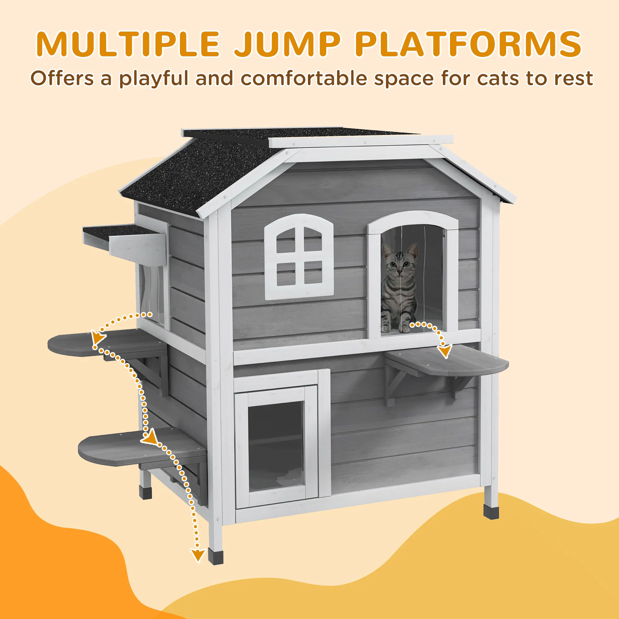 2-Storey Outdoor Cat House, Wooden Catio with Openable Roof, Lounge Space, Fun Entrances, for Feral Cats, Grey — image 4