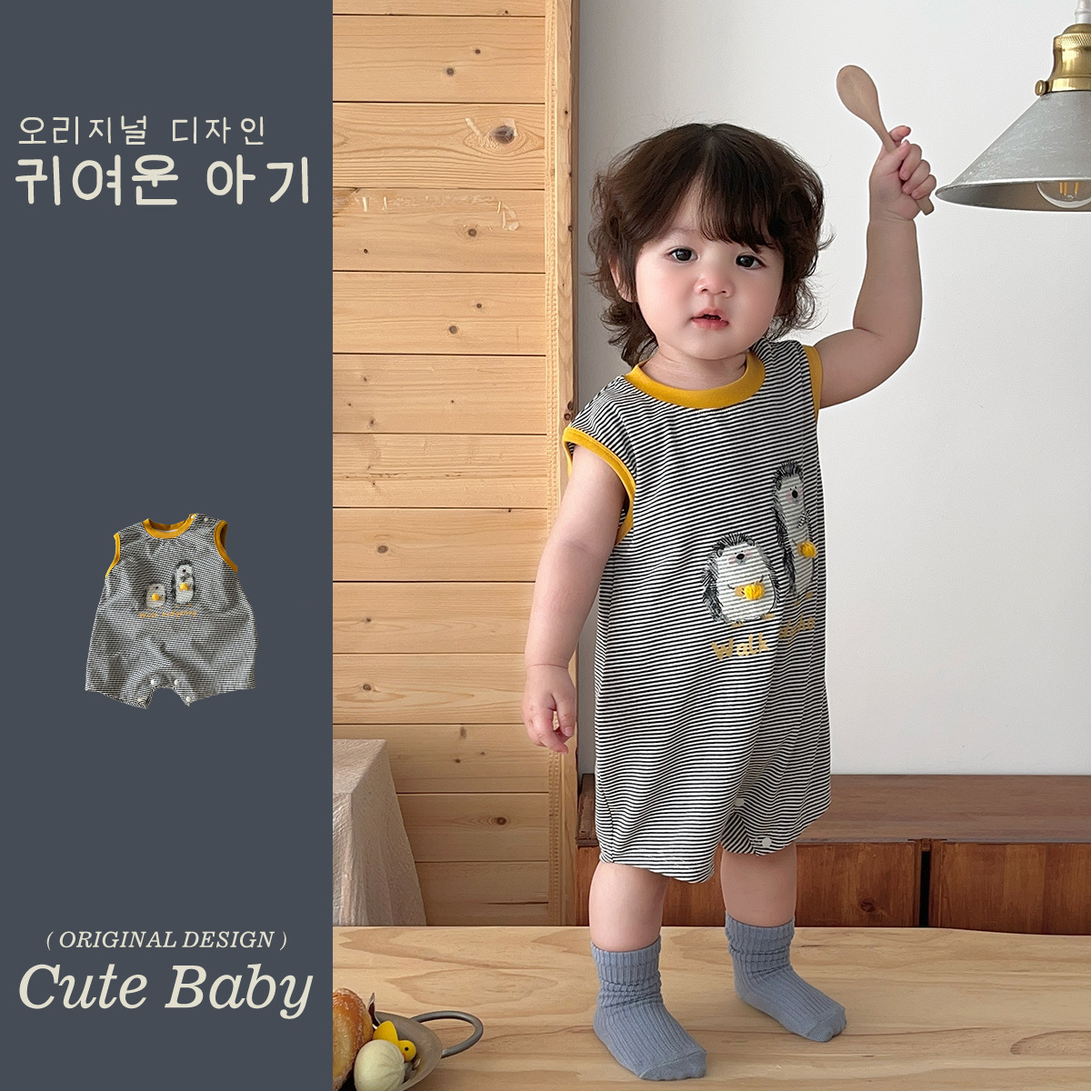 Color-block Collar Stripe Hedgehog Loose Short Sleeve Romper Breathable Outdoor Crawling Suit — image 6