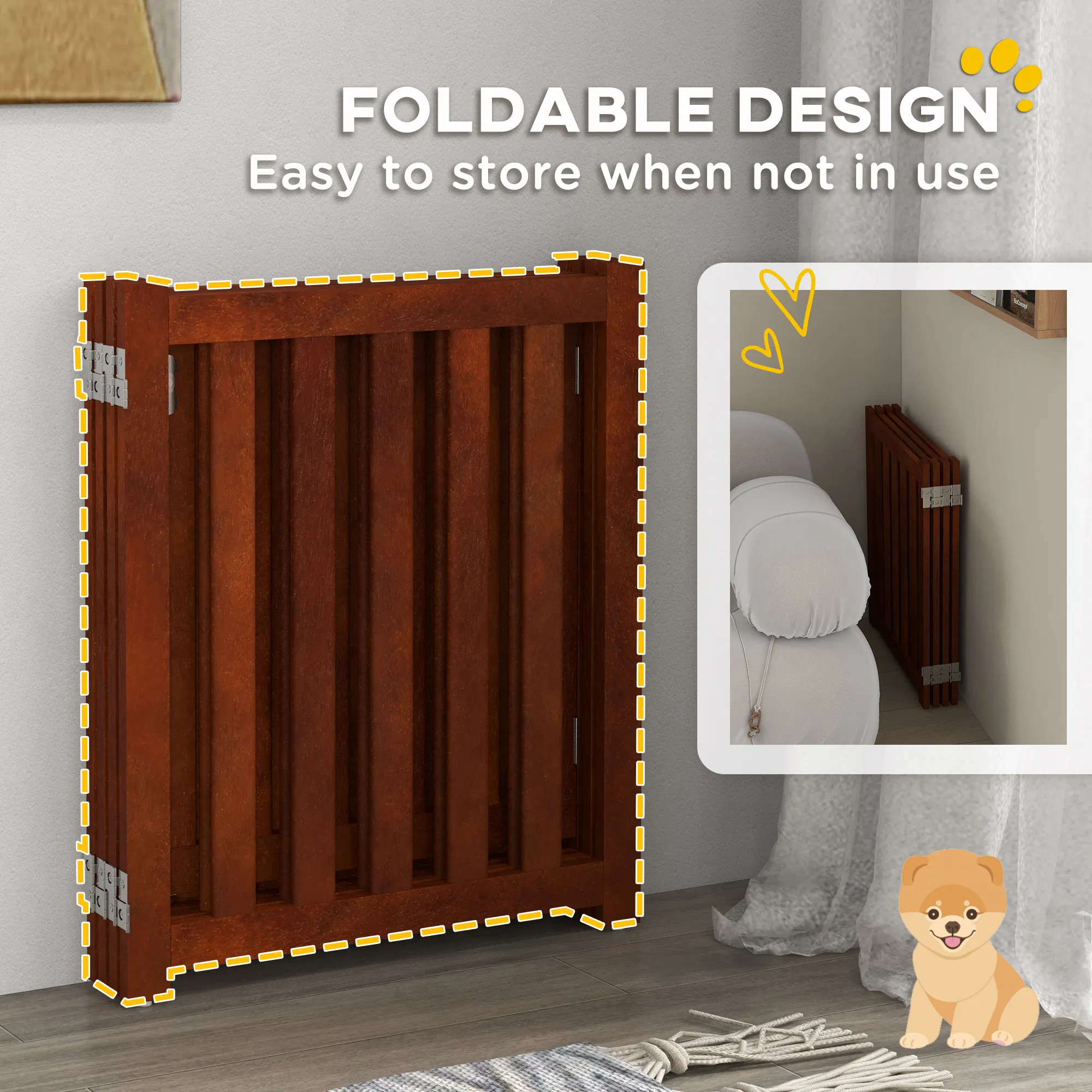 Foldable Dog Gate with Door, 4 Panels Fressstanding Pet Gate, Brown — image 4