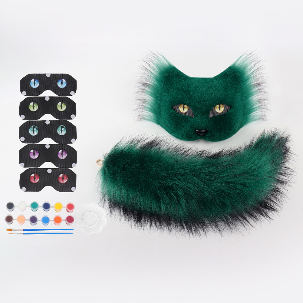 Halloween Half-Face Cat Mask, Personality DIY Animal Mask, Cosplay Plush Tail, Animal Tail Party Accessory — image 9