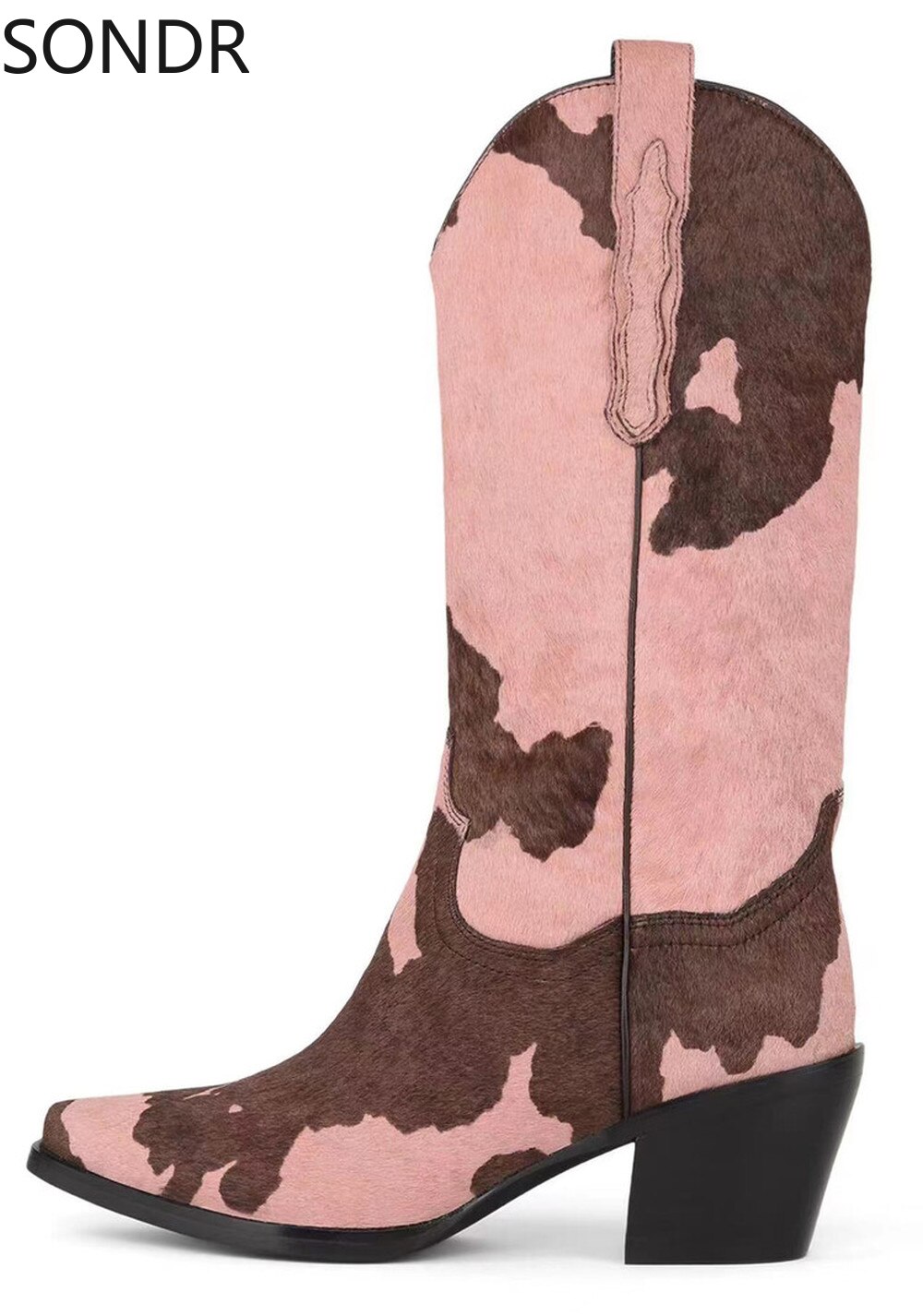 Womens Pointed Toe Real Horse Fur Mid Calf Boots Chunky Heel Shoes Genuine Leather Chelsea Western Cowboy — image 1