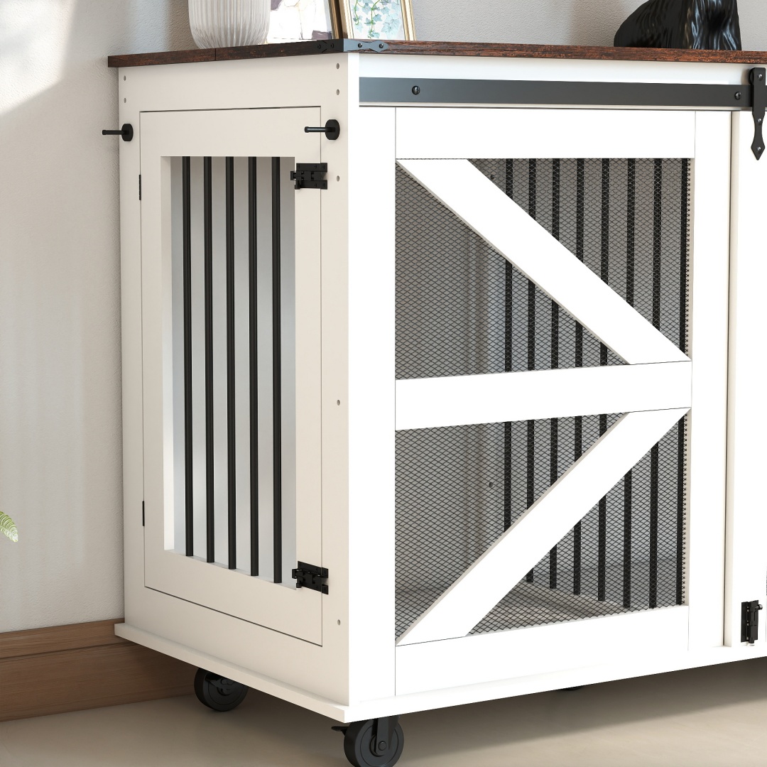 47.2 Mobile Dog Crate With Flip-Top Feeding Door, Dual-Access & 5 Caster System 2 Locking, Side Hooks - Multi-Functional Pet Kennel, double Dog Crate Furniture — image 12