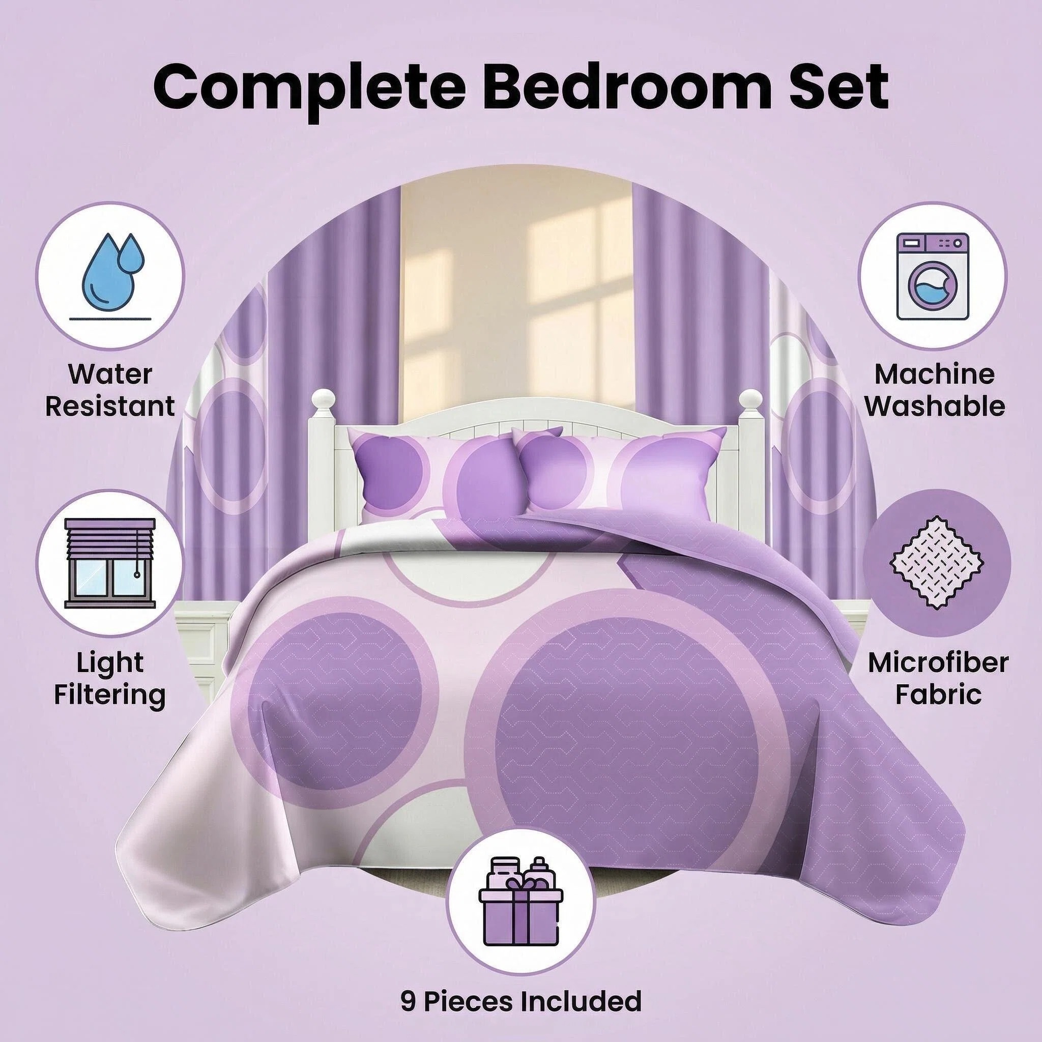 9 Piece Room In A Bag Quilt And Curtain Set, US Designer Lavender Purple Geometric Circle Print Heavyweight Bedspread With 6 Customizable Window Panels, Pet-Friendly High GSM Coverlet — image 6