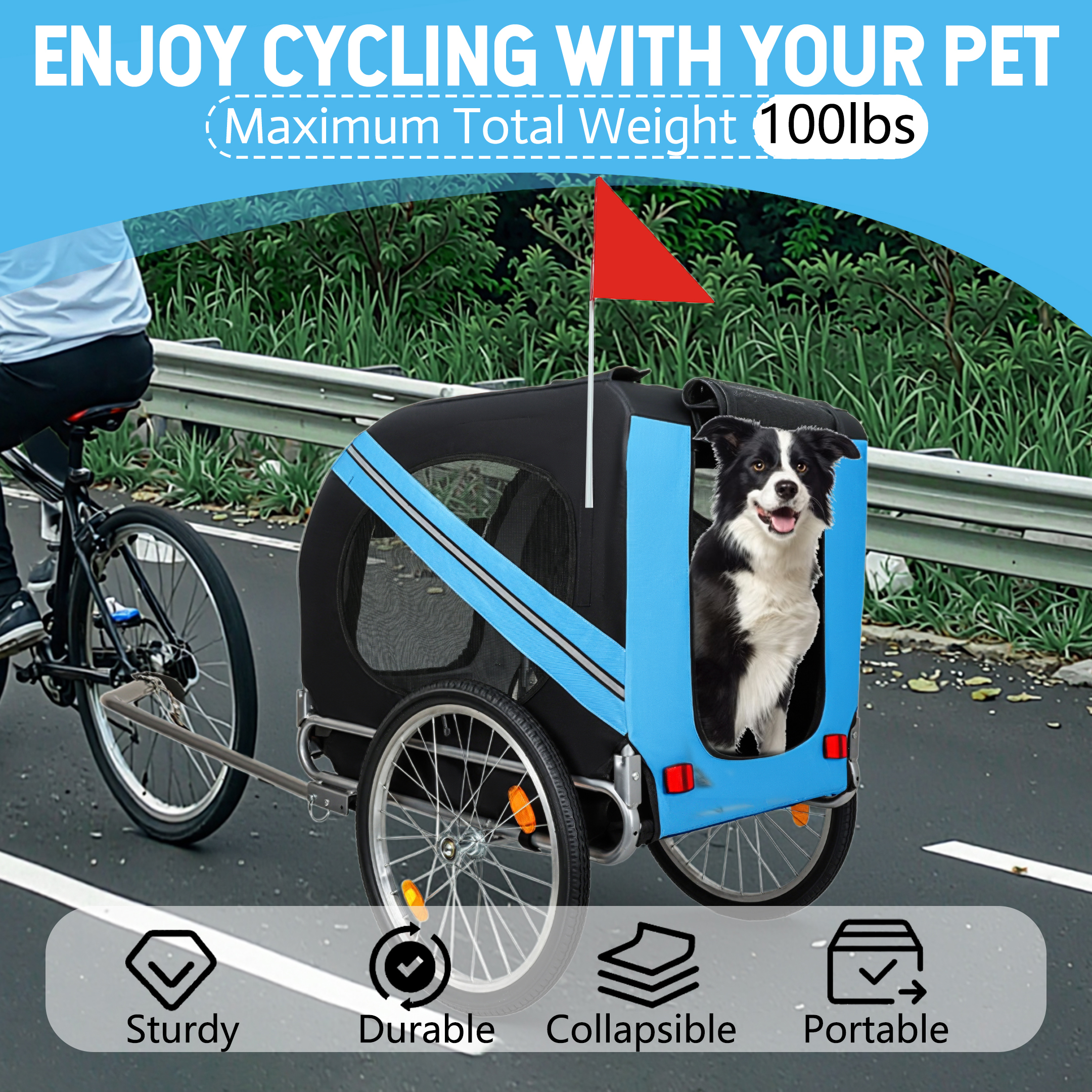 Carro de Bicicleta Plegable Grande para Perros - Capacidad 100LB, Transportador Todo Terreno para Mascotas, Estructura de Acero Duradero para Ciclismo, Carrera y Aventuras Al Aire Libre — imagen 4