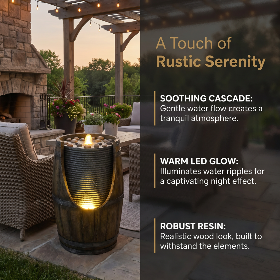Fuente de Agua para Jardín con Bebedero para Pájaros, Barril Rustico con Luces LED y Bomba, Característica de Madera Falsa en Resina para Patio, Jardín o Porche — imagen 3