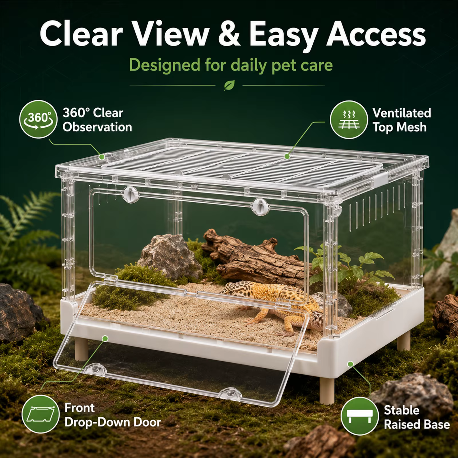 Terrario de Acrílico para Reptiles con Puerta de Apertura Frontal, Jaula Hábitat Plegable con Caja de Ventilación Transparente, Recinto Portátil de Fácil Acceso, Ideal para Reptiles, Anfibios, Arácnidos, Tortugas, Ranas y Hámsteres — imagen 7