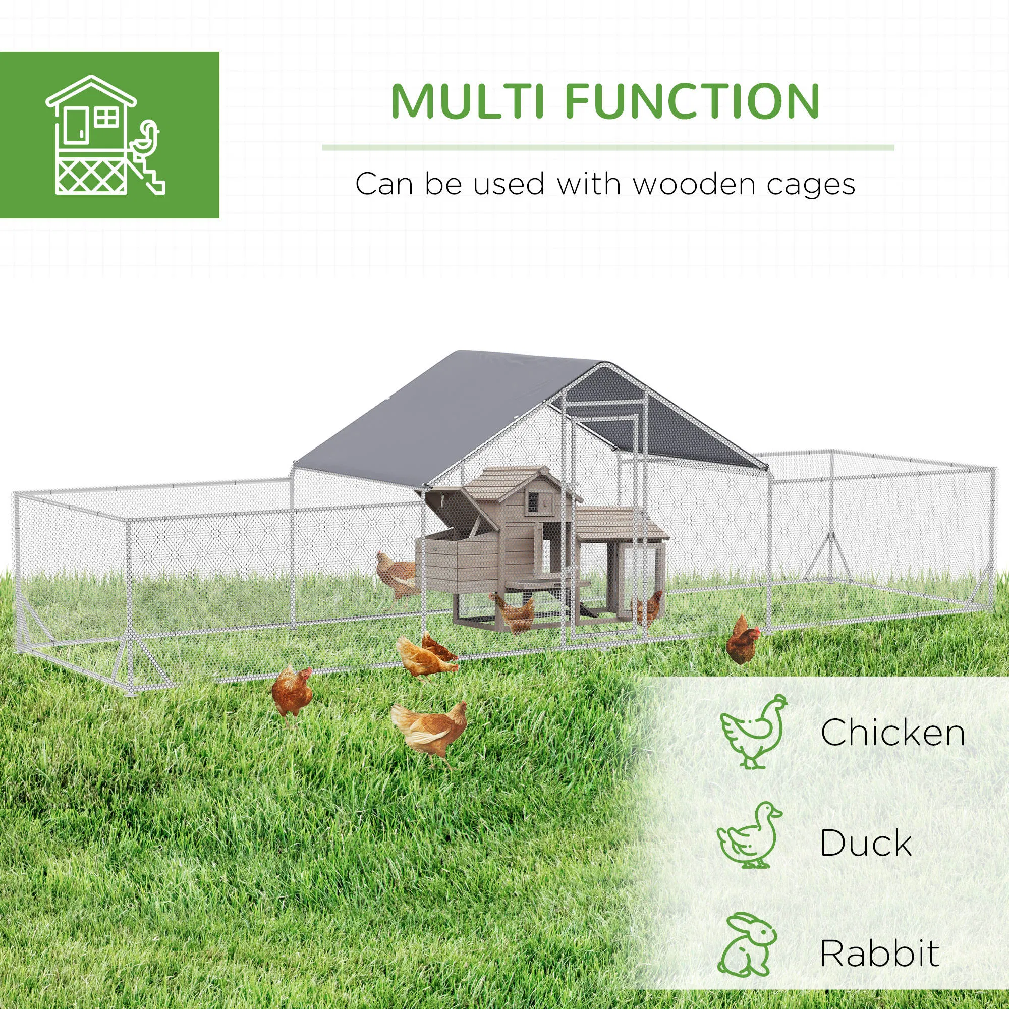 Chicken Run, 23' x 6.6' Metal Chicken Coop with Waterproof and Anti-UV Cover, Spire Roof, Door, for 12-14 Chickens, Ducks, Rabbits, Sliver — image 3