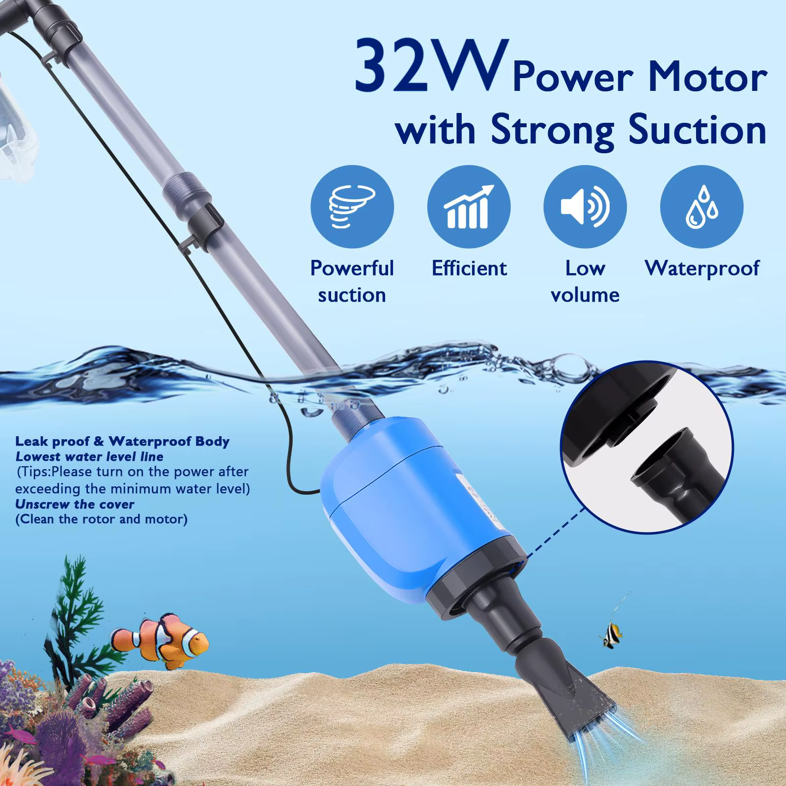 Limpia Automática de Acuario - 32W 530 GPH Kit de Limpieza de Grava con Filtro de 4 Capas y Manija Telescopica para Lavado de Arena, Función Sin Toques y Manos Secas — imagen 2