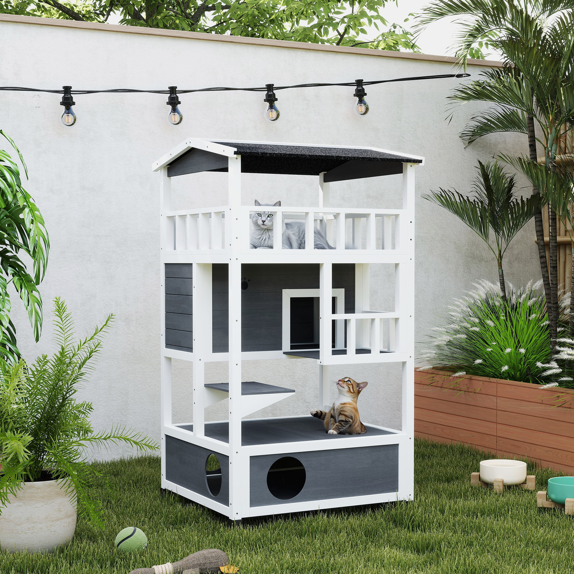 Wooden Outdoor Cat House, Feral Cat Shelter Kitten Condo with Asphalt Roof, Escape Doors, Condo, Jumping Platform, Gray — imagen 4