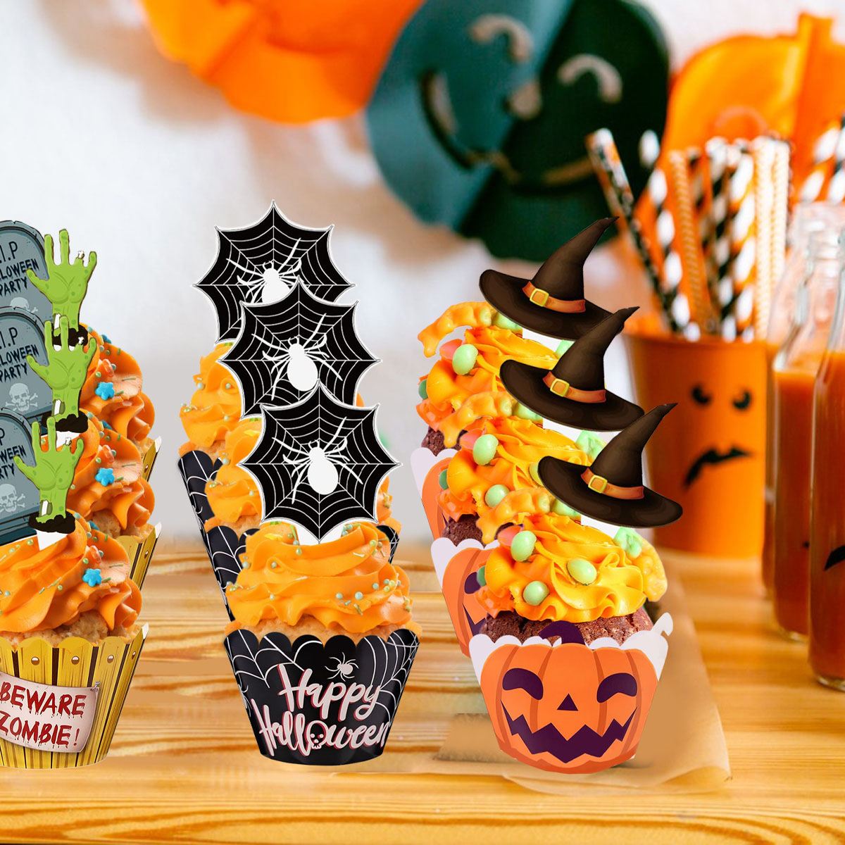Set de 48 Piezas Decoración de Cupcakes de Halloween, Diseño de Mano de Zombi, Sombrero de Bruja, Telaraña y Lápidas, 3 Estilos de Picks y Envolturas Feliz Halloween — imagen 6