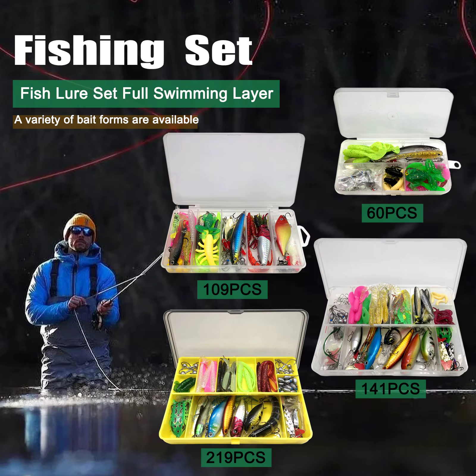 Kit de Golpes de Pescar 60/109/141/219 piezas Conjunto con Atracones Látigo Metálico Cucharas Duros Minnow Grumos y Accesorios con Caja de Equipo — imagen 6